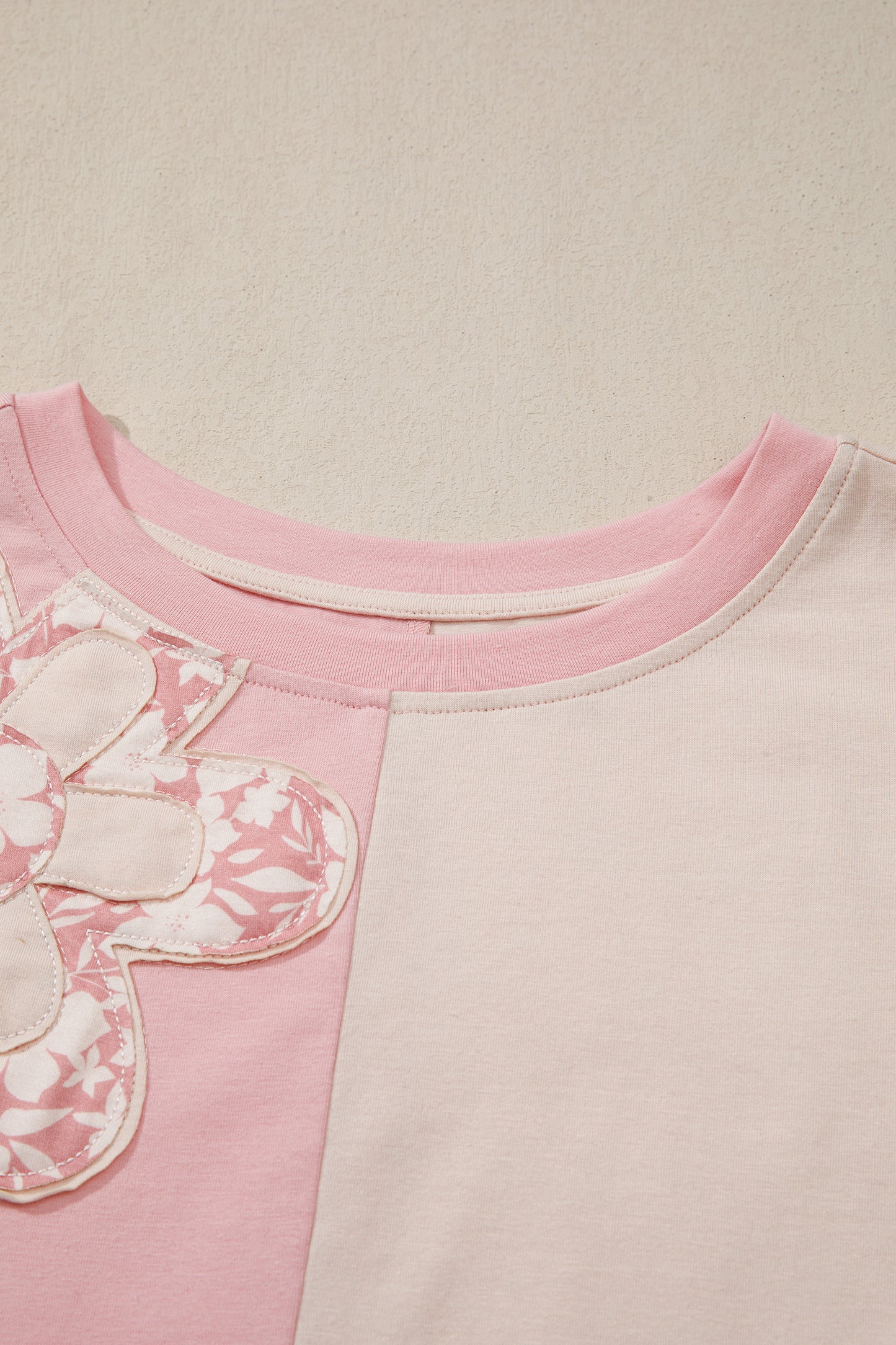 Apricot Color Block Flower Patched Loose T Shirt