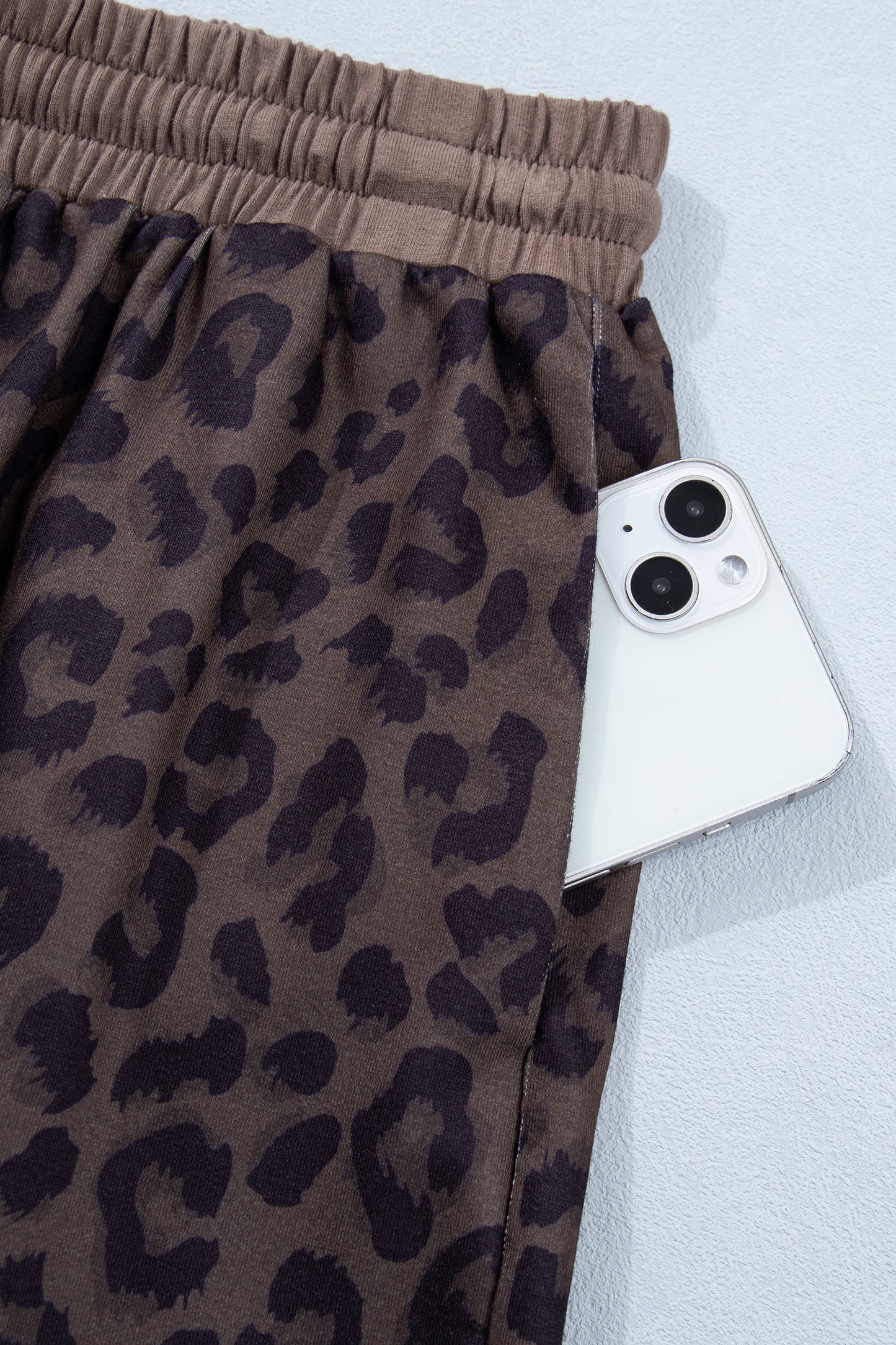 Khaki V Neck Collar Leopard Printed 2pcs Short Set