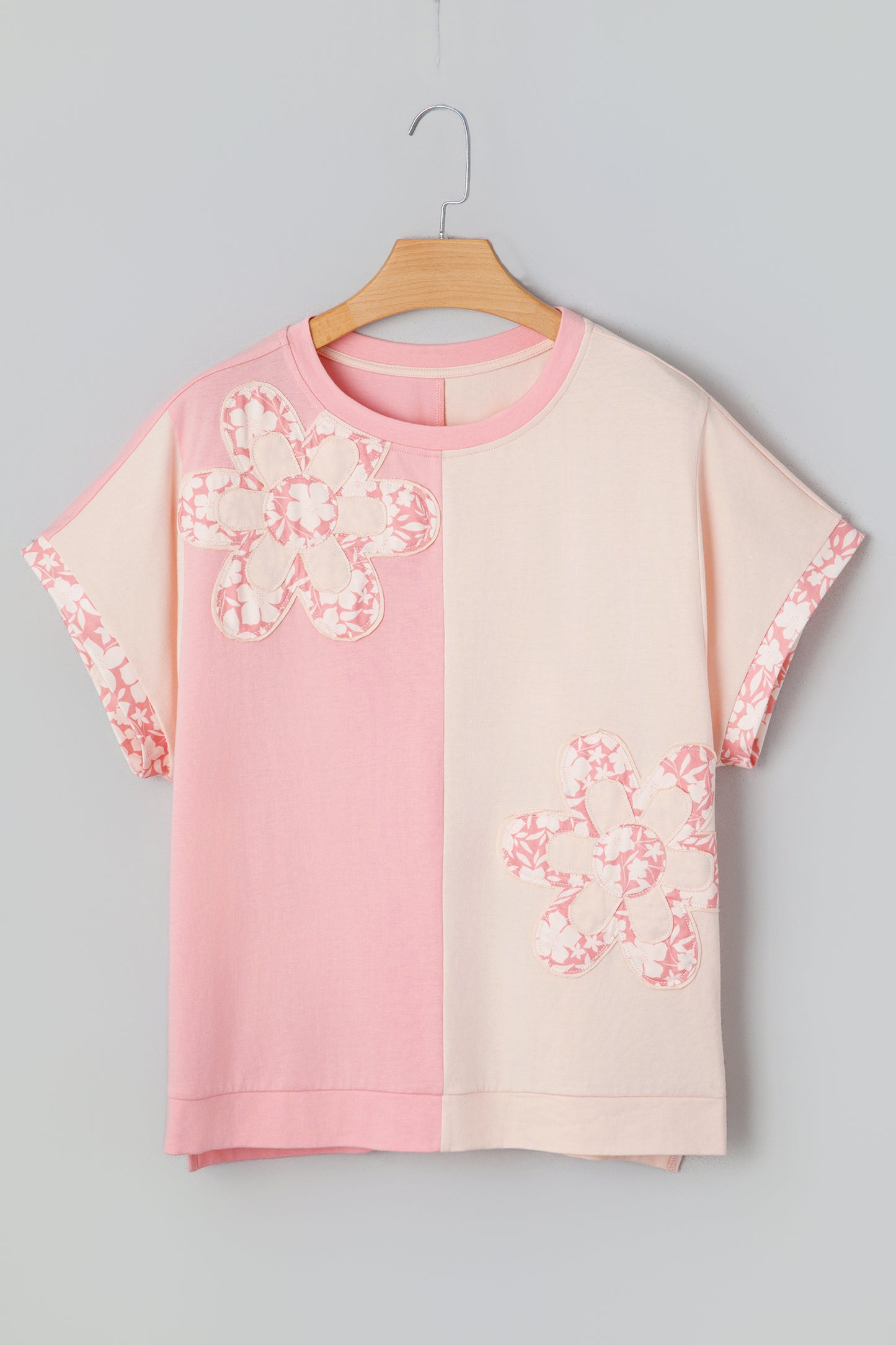 Apricot Color Block Flower Patched Loose T Shirt