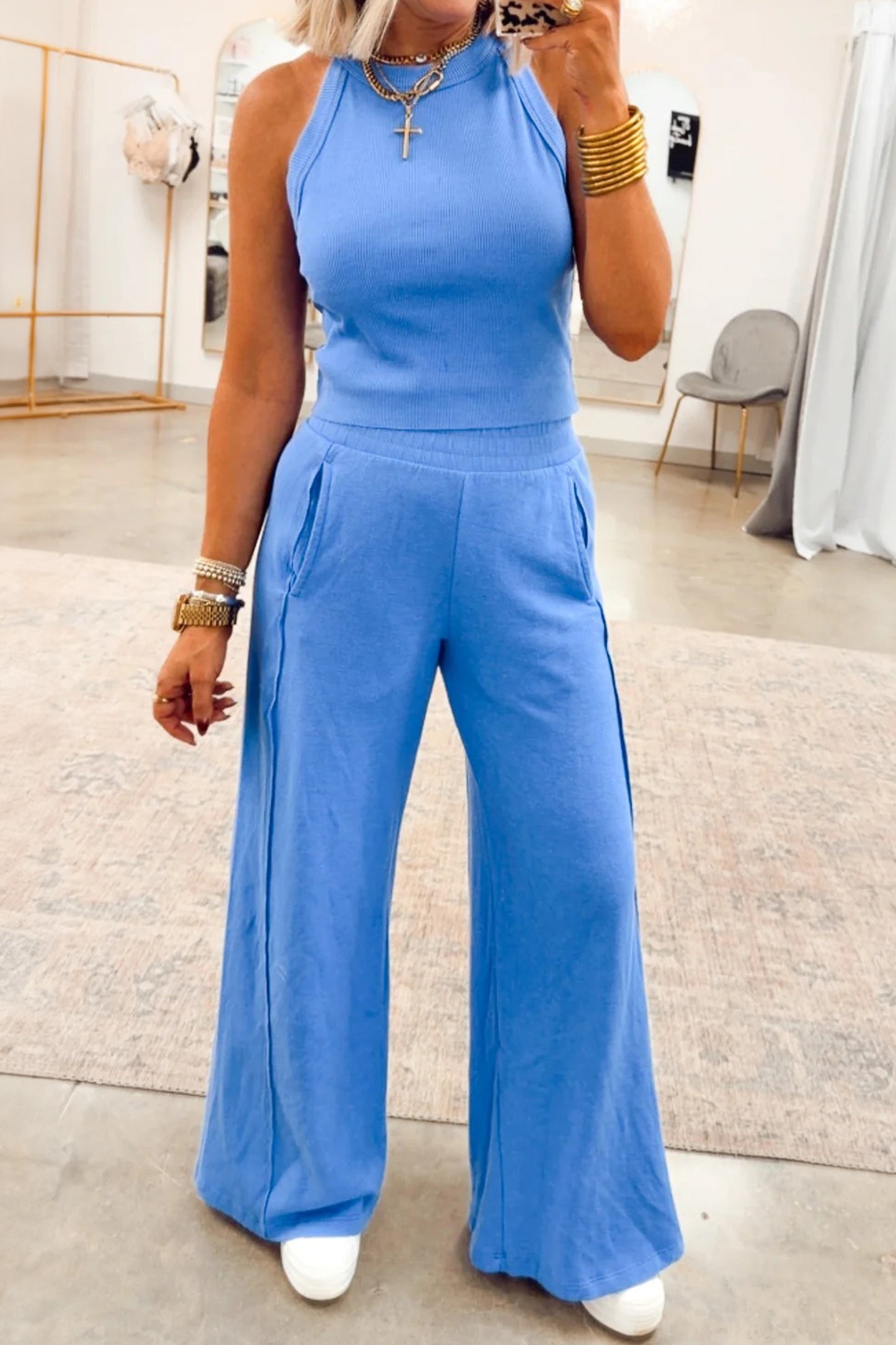 Sky Blue Slim Ribbed Tank Top and Sweatpants Set