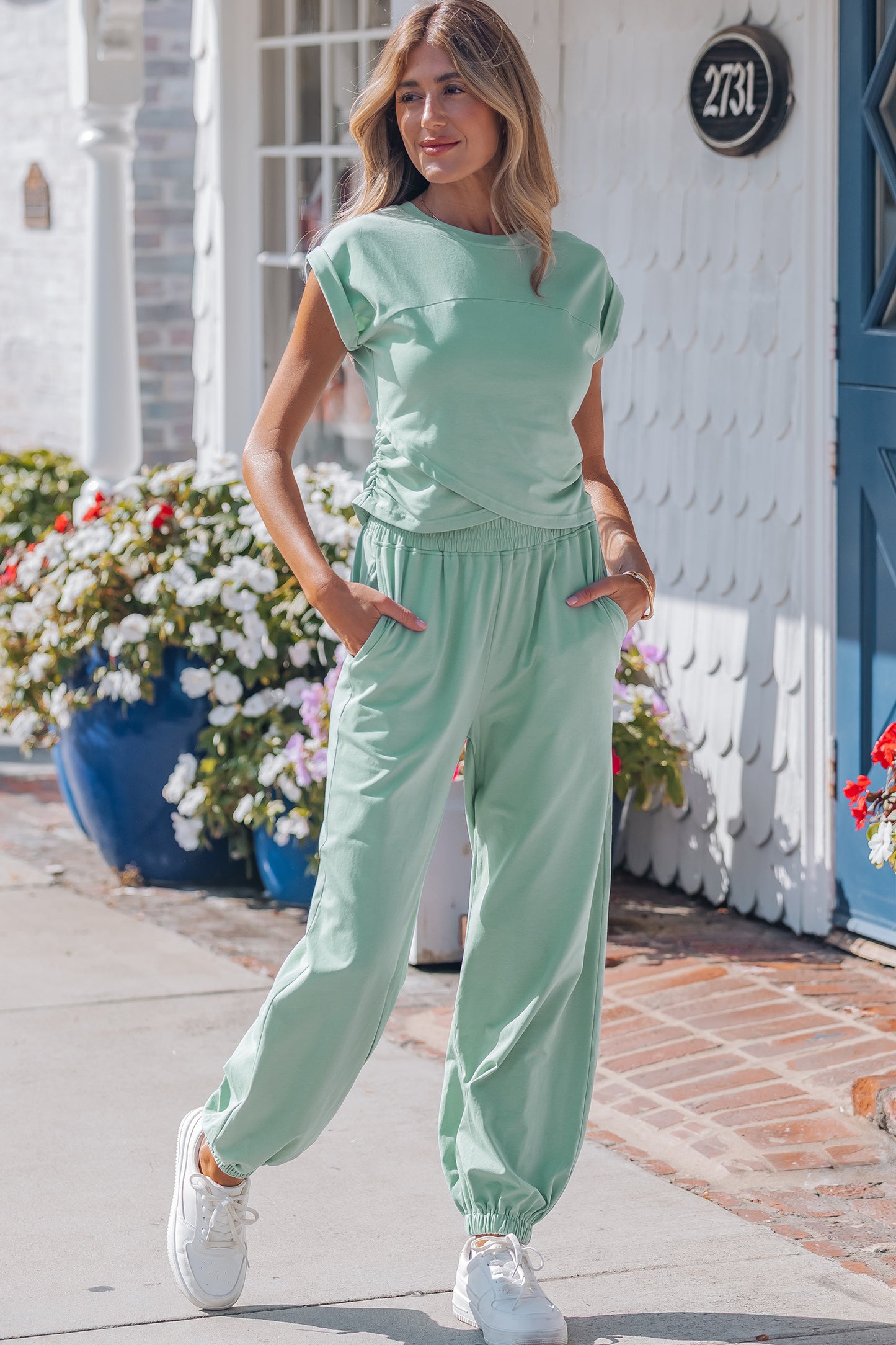 Yellow Cream Solid Color Cropped Tank Top and Jogger Pants Set