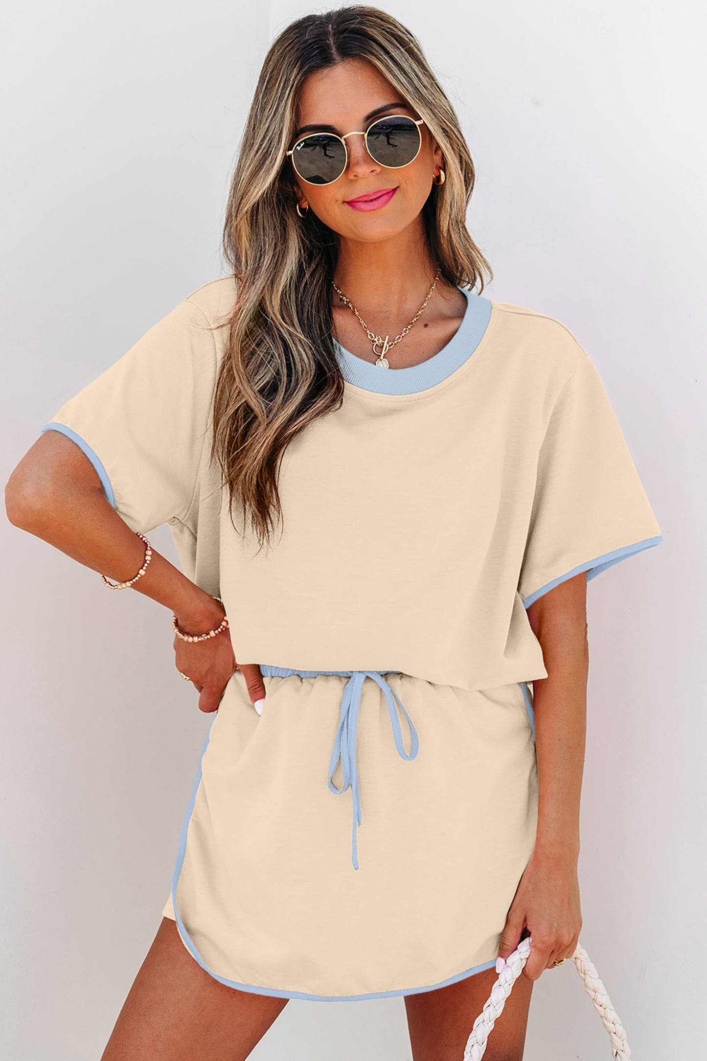 Moonlight Jade Colorblock Edge Drop Shoulder T Shirt and Skort 2Pcs Set