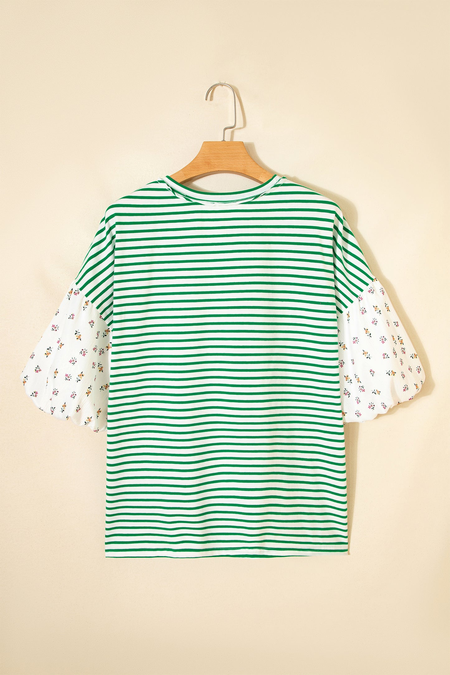 Red Stripe Floral Puff Sleeve Patchwork Round Neck Loose Top