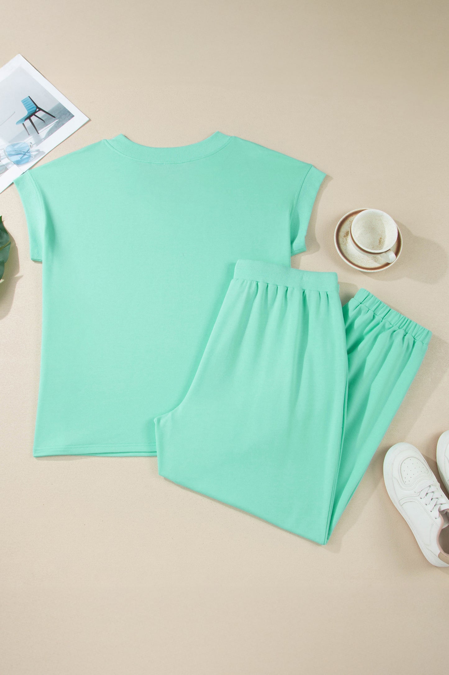 Bonbon Solid V-Neck Tee and Drawstring Plus Size Pants Set