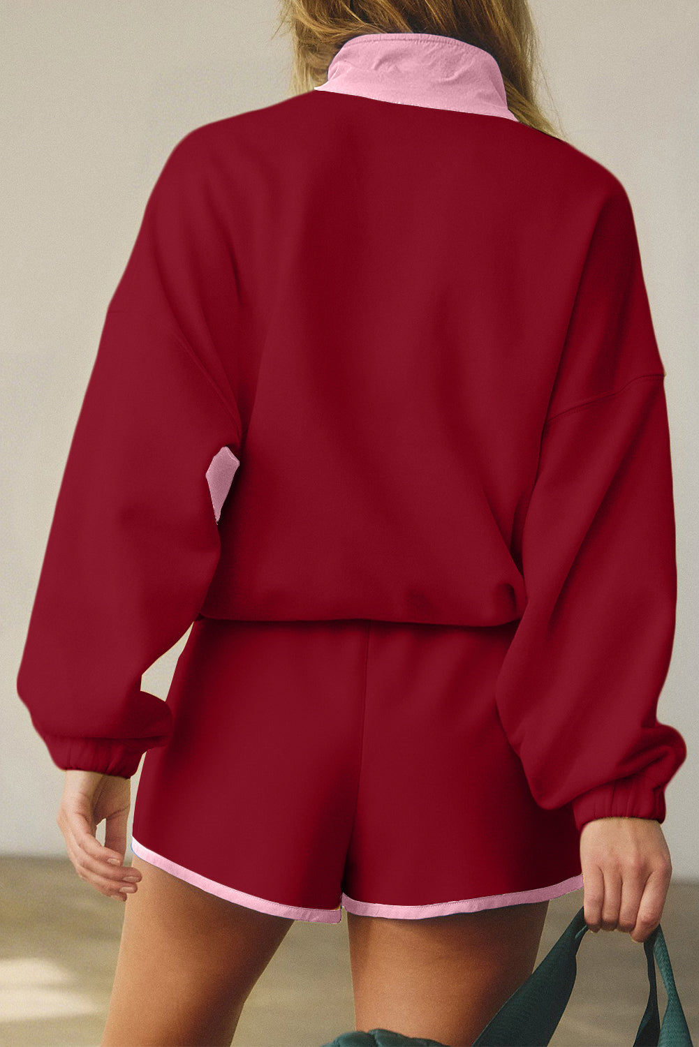 Red Dahlia Colorblock Patchwork Half Button Pullover and Shorts Outfit