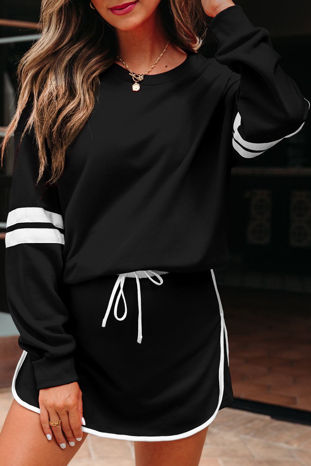 Black Varsity Stripe Detail Drop Shoulder Pullover Mini Skort Set