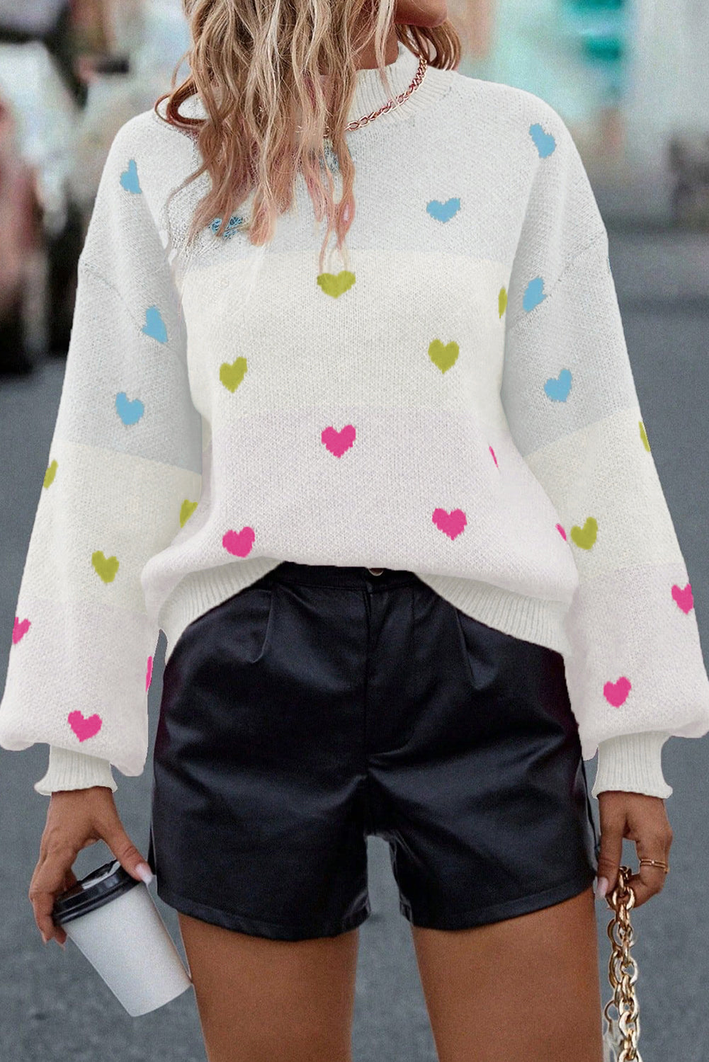 Multicolour Heart Pattern Colorblock Knit High Neck Baggy Sweater