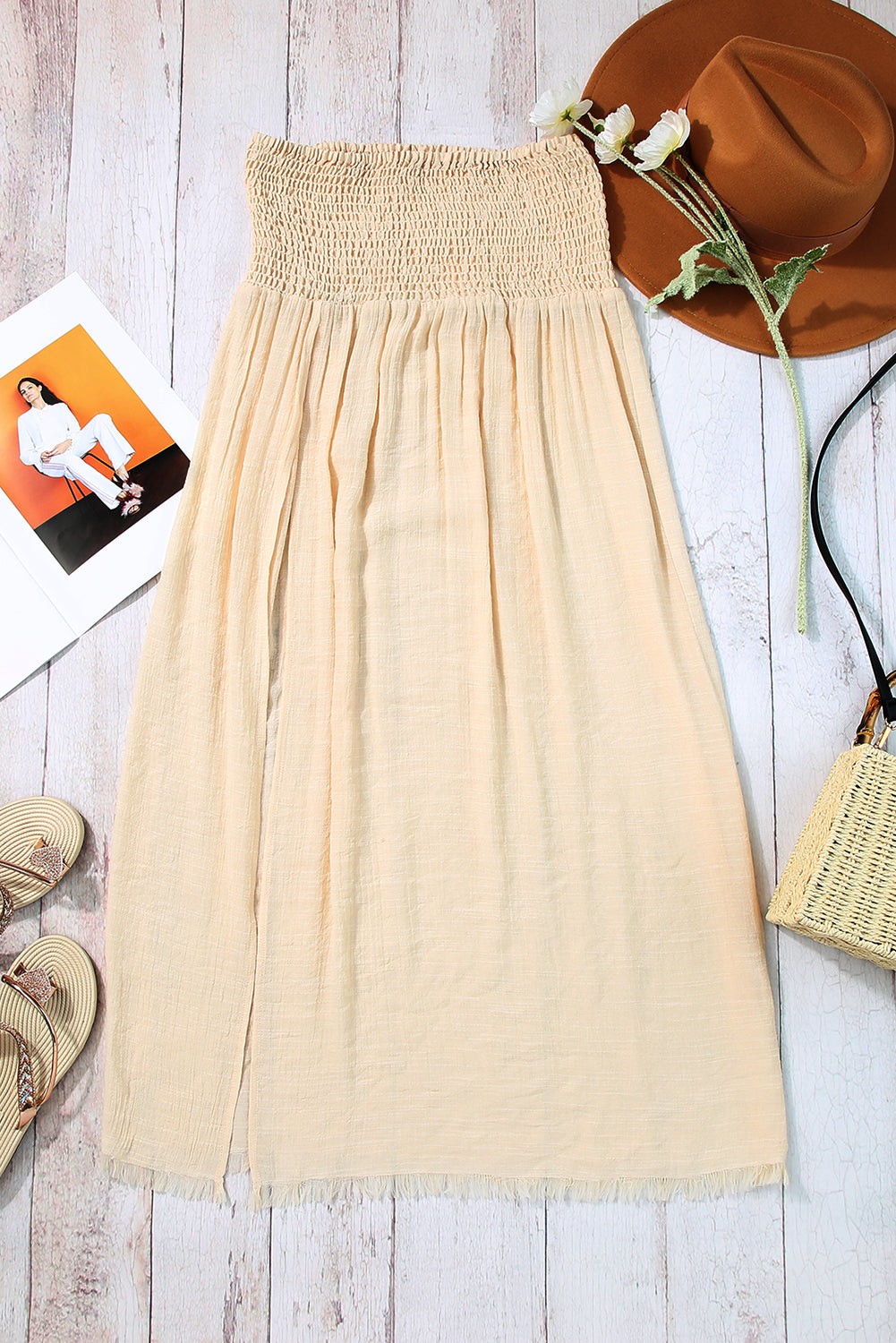 Pale Khaki Shirred High Waist Split Long Beach Skirt