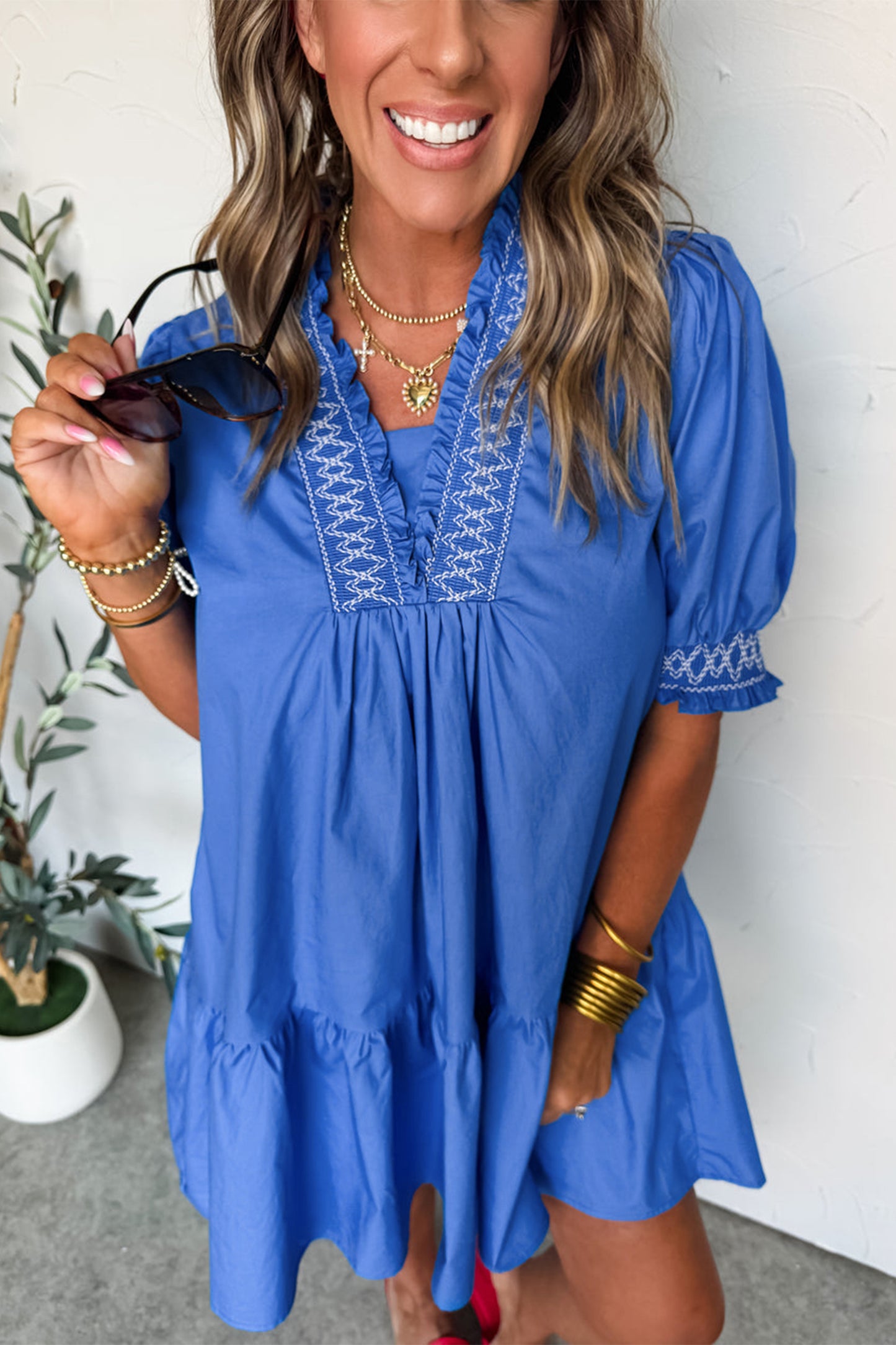 Sky Blue Embroidered Smocked Detail V Neck Short Puff Sleeve Mini Dress