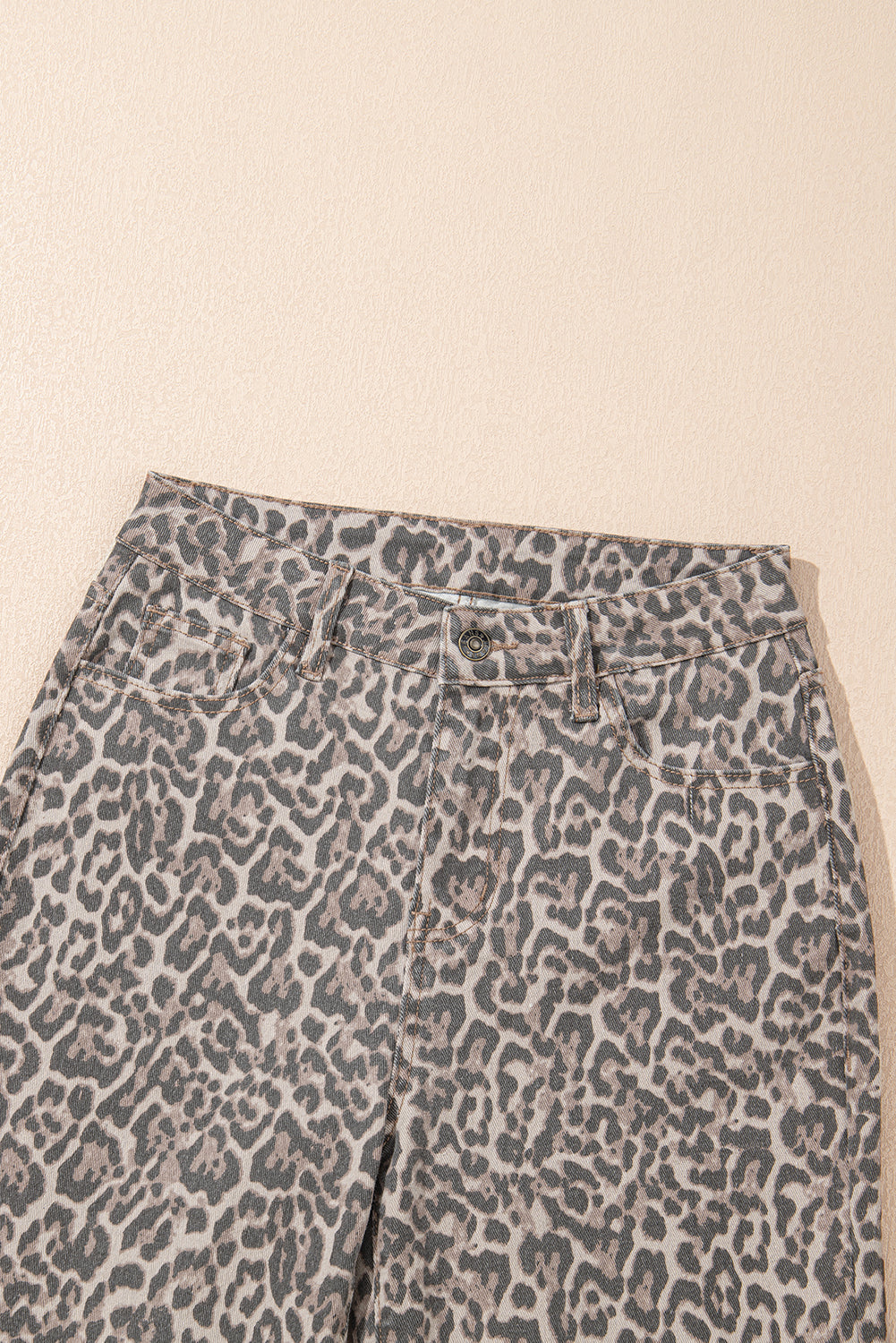 Gray Leopard Frayed Edge Wide Leg High Waist Jeans