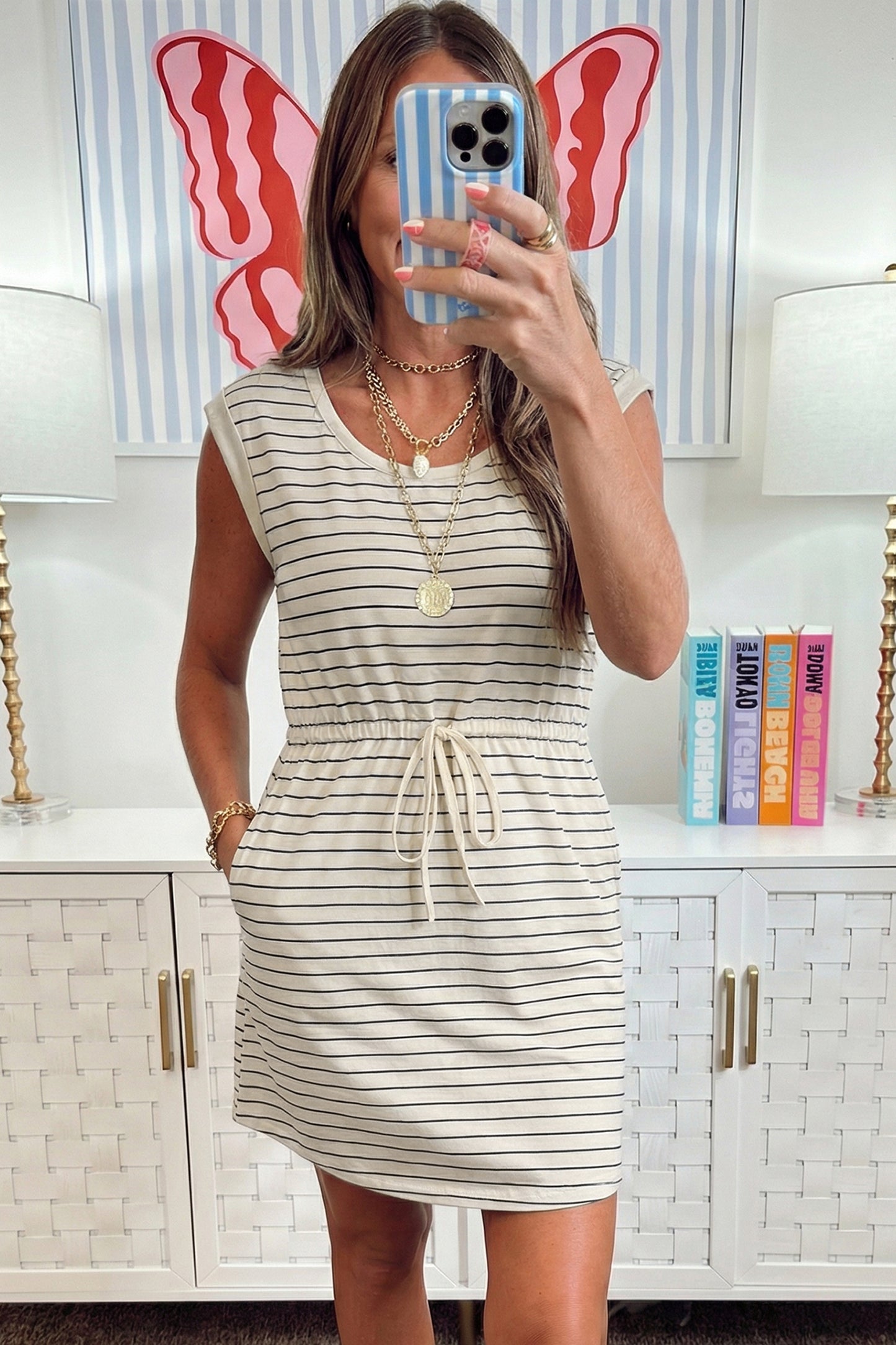 Black Stripe Drawstring Tunic Tank Mini Dress with Pockets