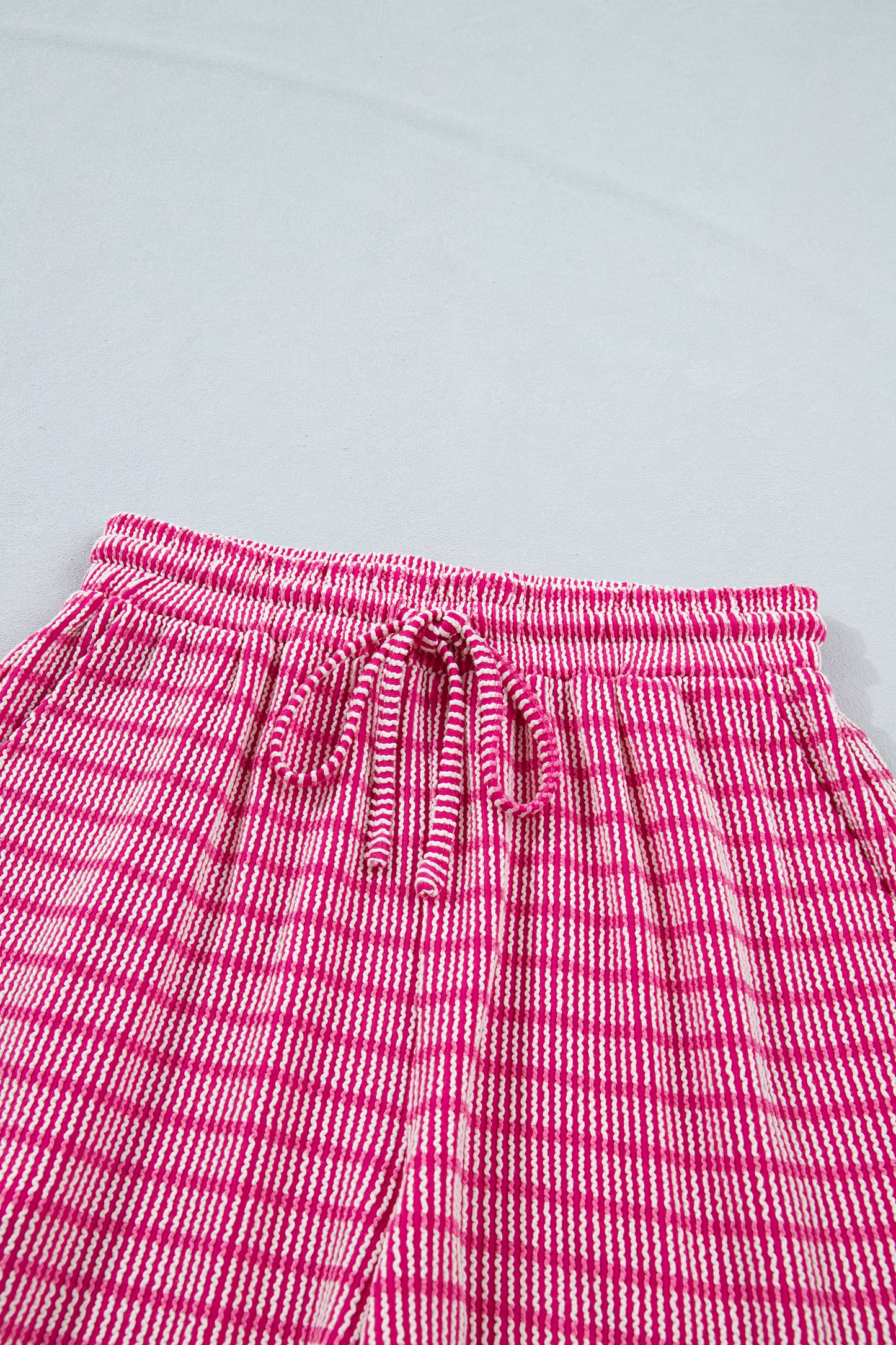 Rose Stripe Raised Rib Loose Tee Drawstring Elastic Waist 2pcs Short Set