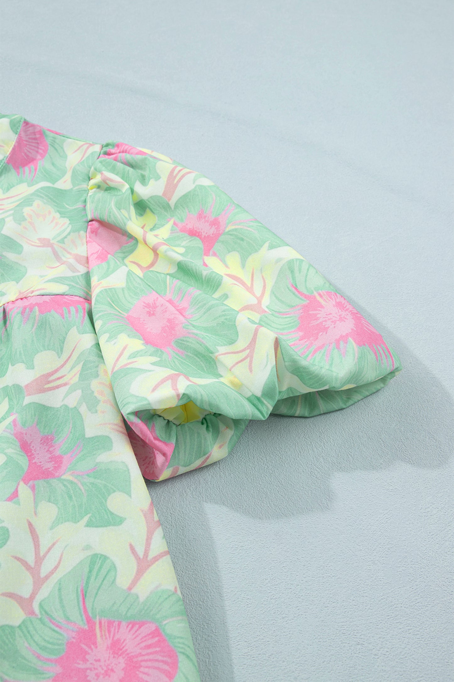 Pink Short Bubble Sleeve Summer Floral Blouse