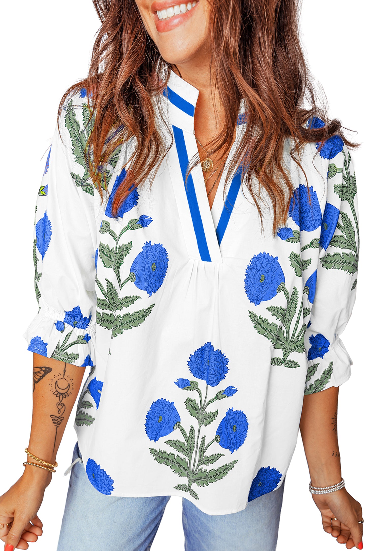 Green Casual Wild Flower Print V Neck 3/4 Sleeve Blouse