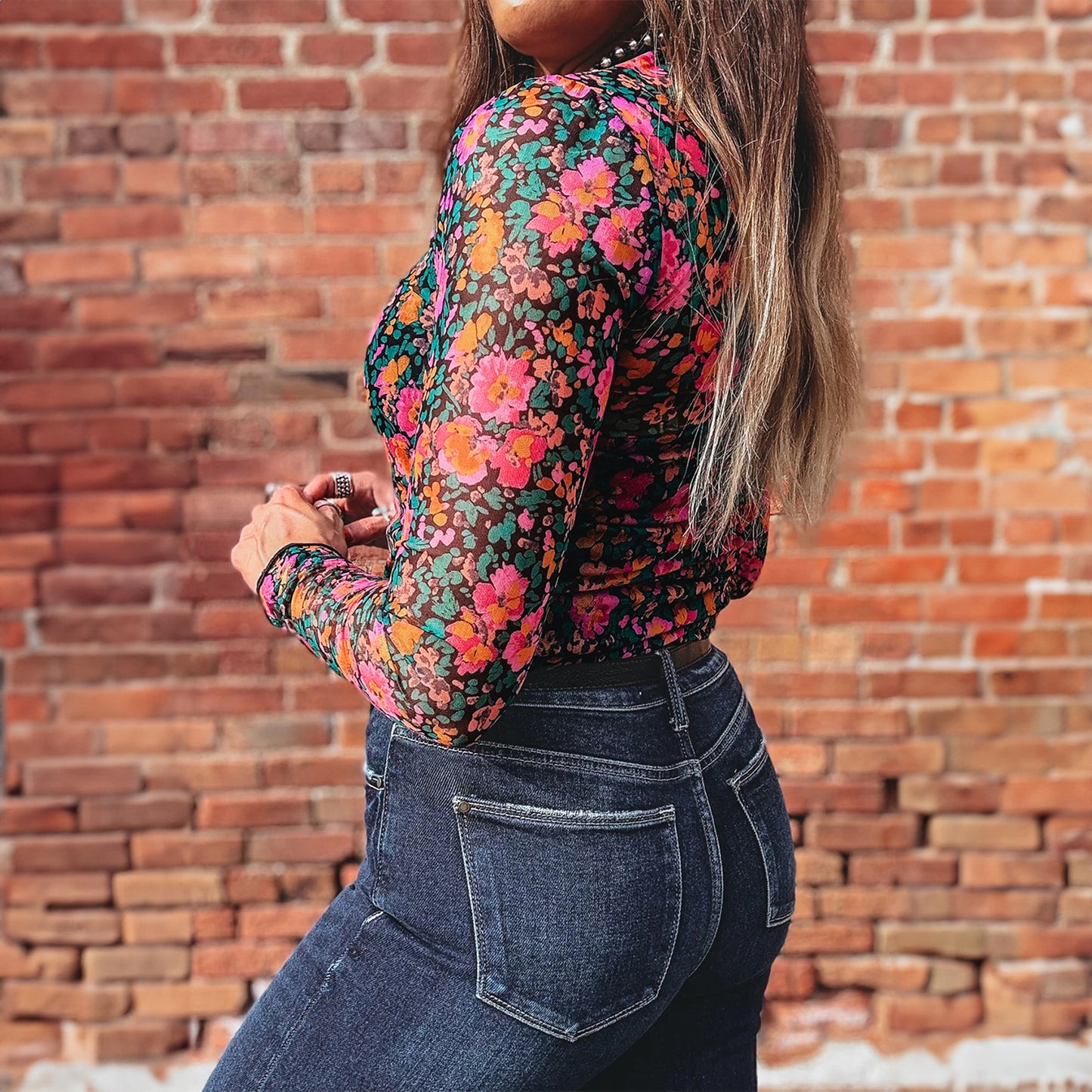 Oatmeal Western Print Slim Fit Mesh Long Sleeve Mock Neck Top