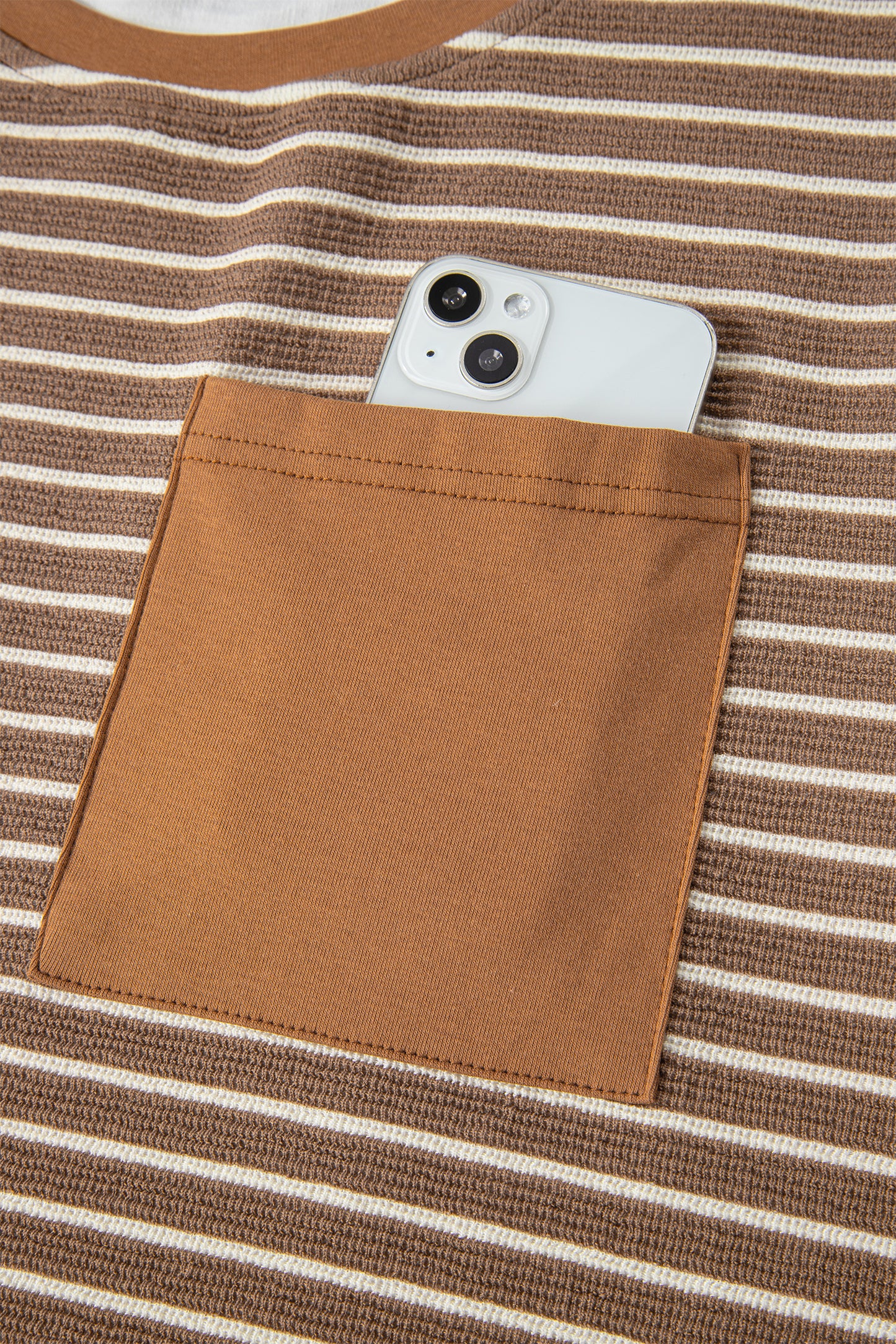 Khaki Stripe Crew Neck Tee Drawstring Waist Cropped Pants Set