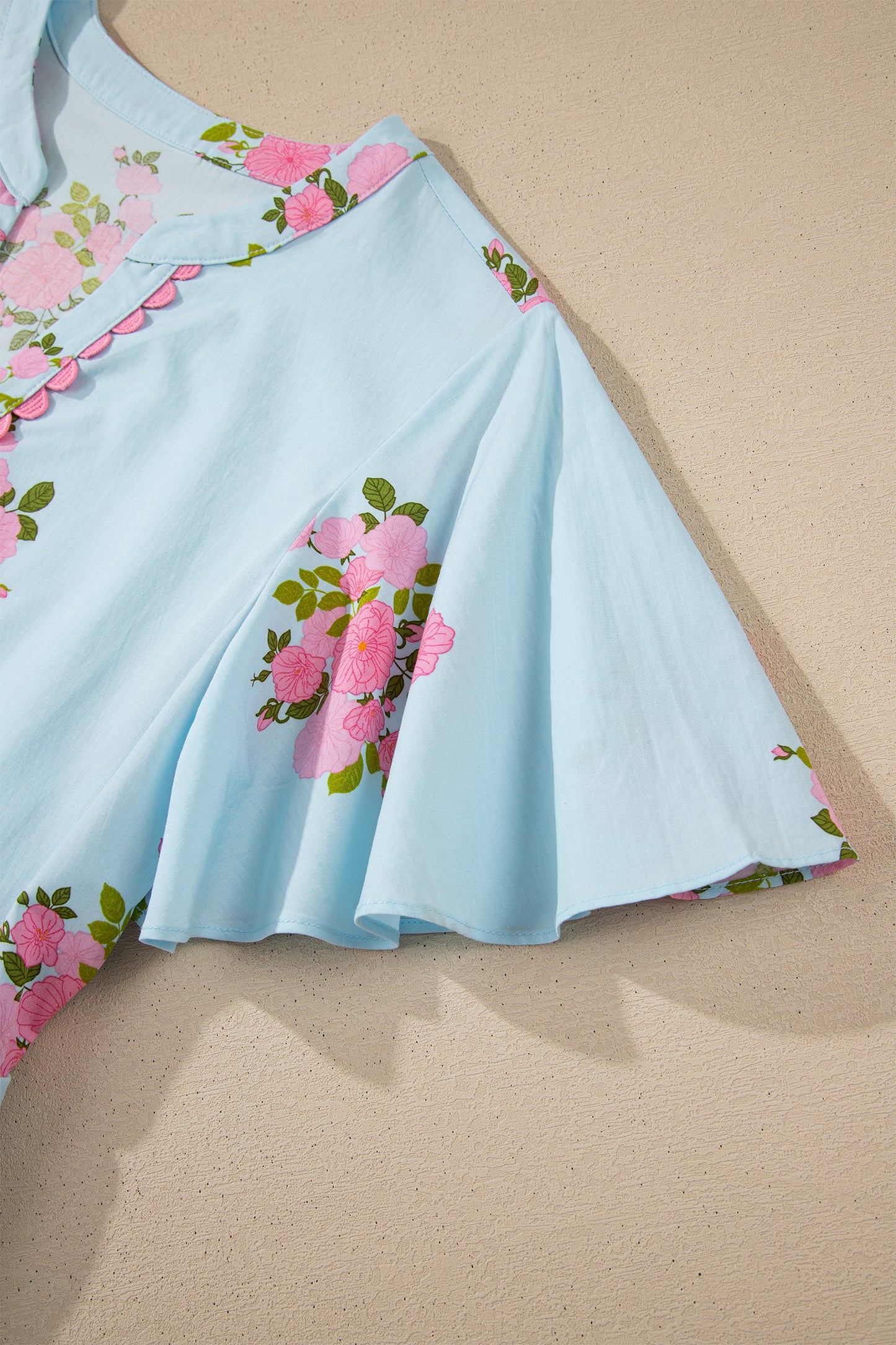 Pink Notched Neck Flutter Short Sleeve Floral Print Maxi Dress