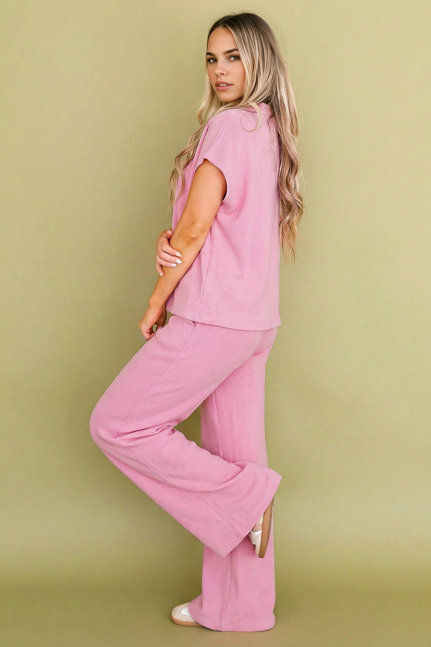 Pink Textured Knit High Neck Loose Tee Elastic Waist Loose Pant Set