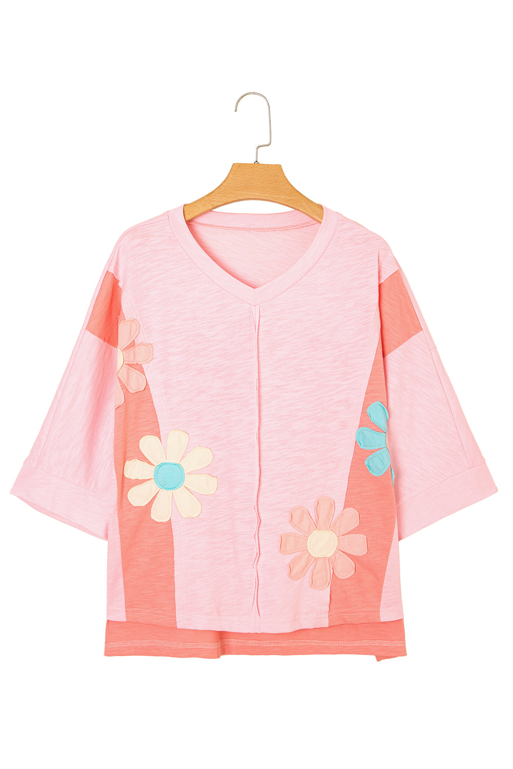 Light Blue Flower Patched Exposed Seam 3/4 Sleeve top
