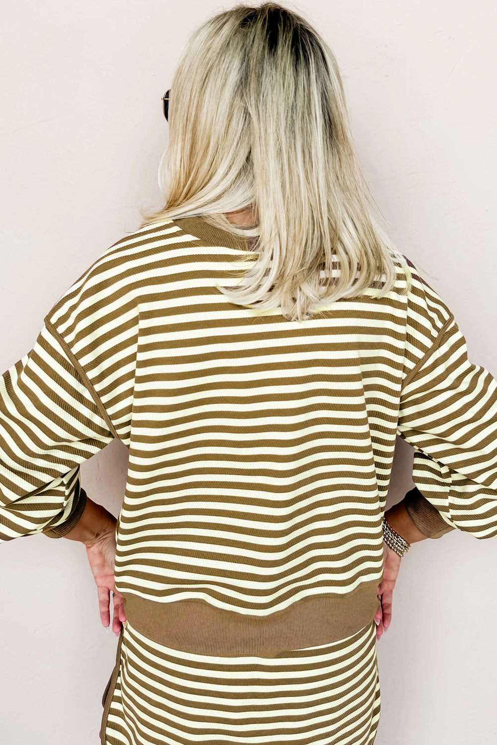 Black Stripe Textured Drop Shoulder Pullover Top Drawstring Mini Skort Two Piece Dress Set