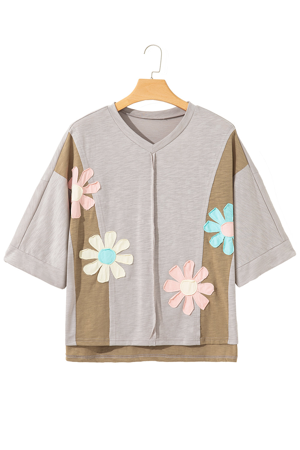 Light Blue Flower Patched Exposed Seam 3/4 Sleeve top