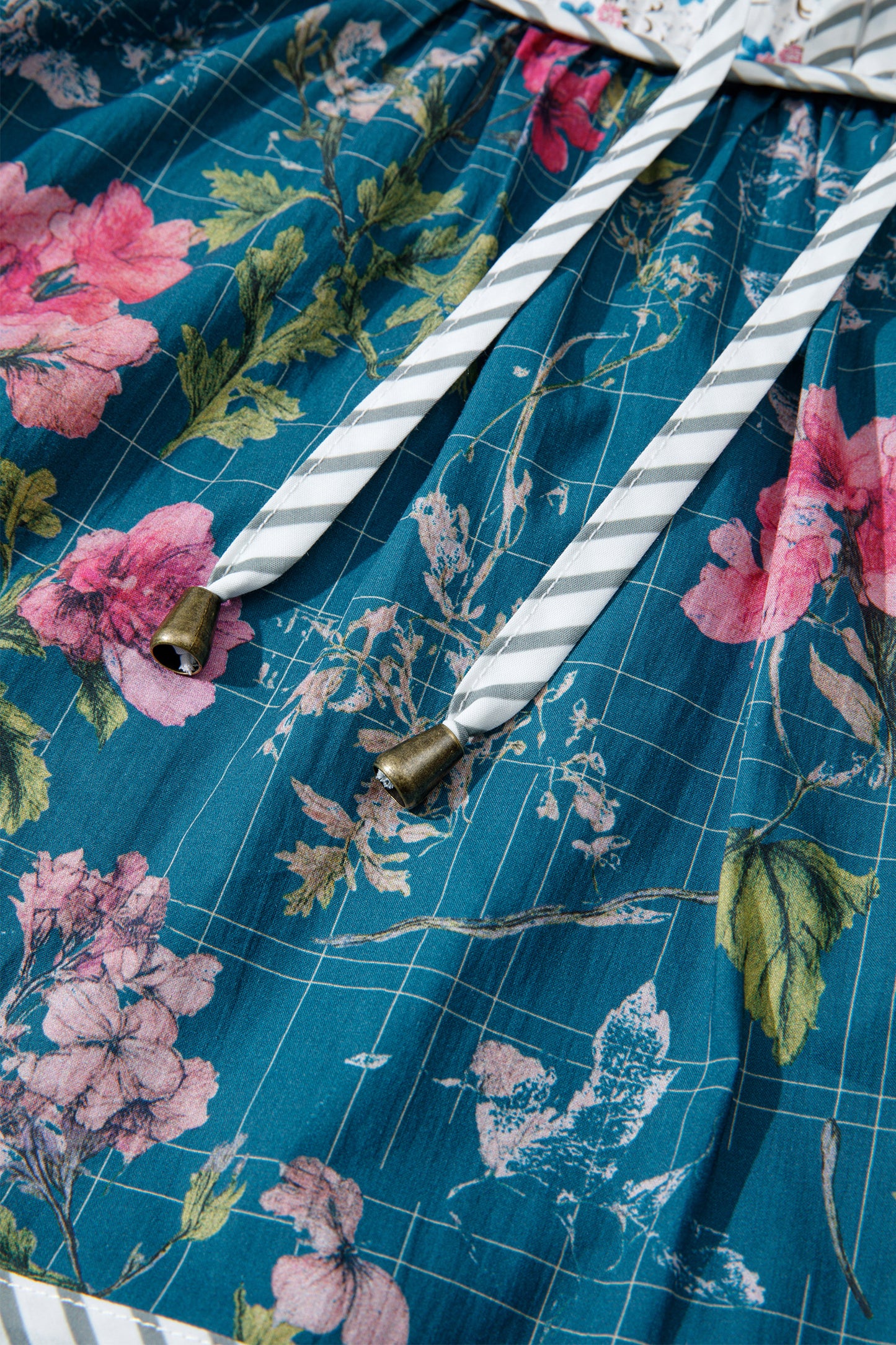 Sky Blue Floral Print Contrast Yoke Patchwork Striped Trim Long Puff Sleeve Blouse