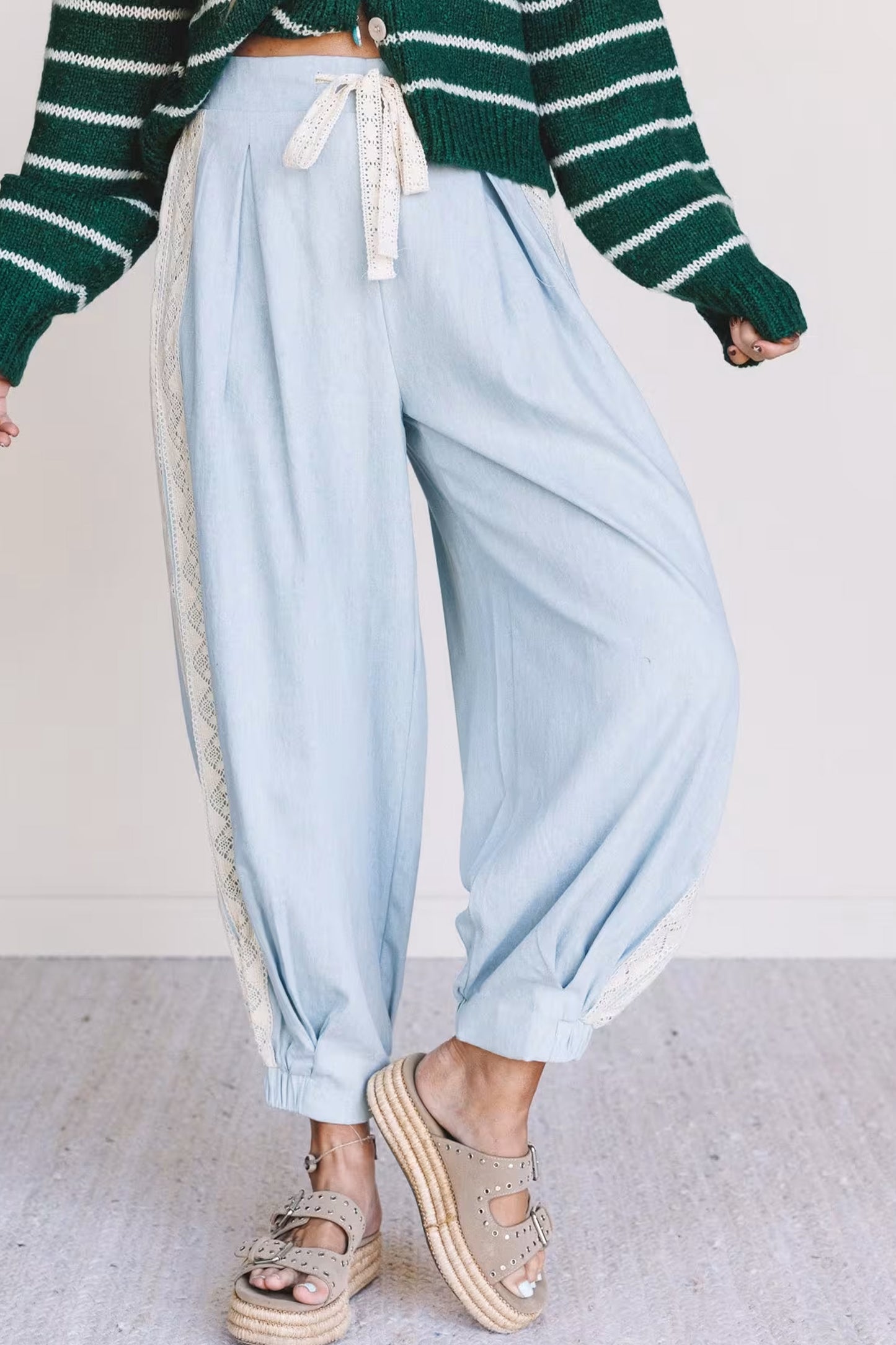 Beau Blue Lace Accent Floral Patched Pocket Pleated Wide Leg Slouchy Pants