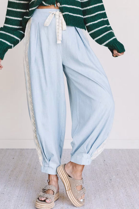 Beau Blue Lace Accent Floral Patched Pocket Pleated Wide Leg Slouchy Pants