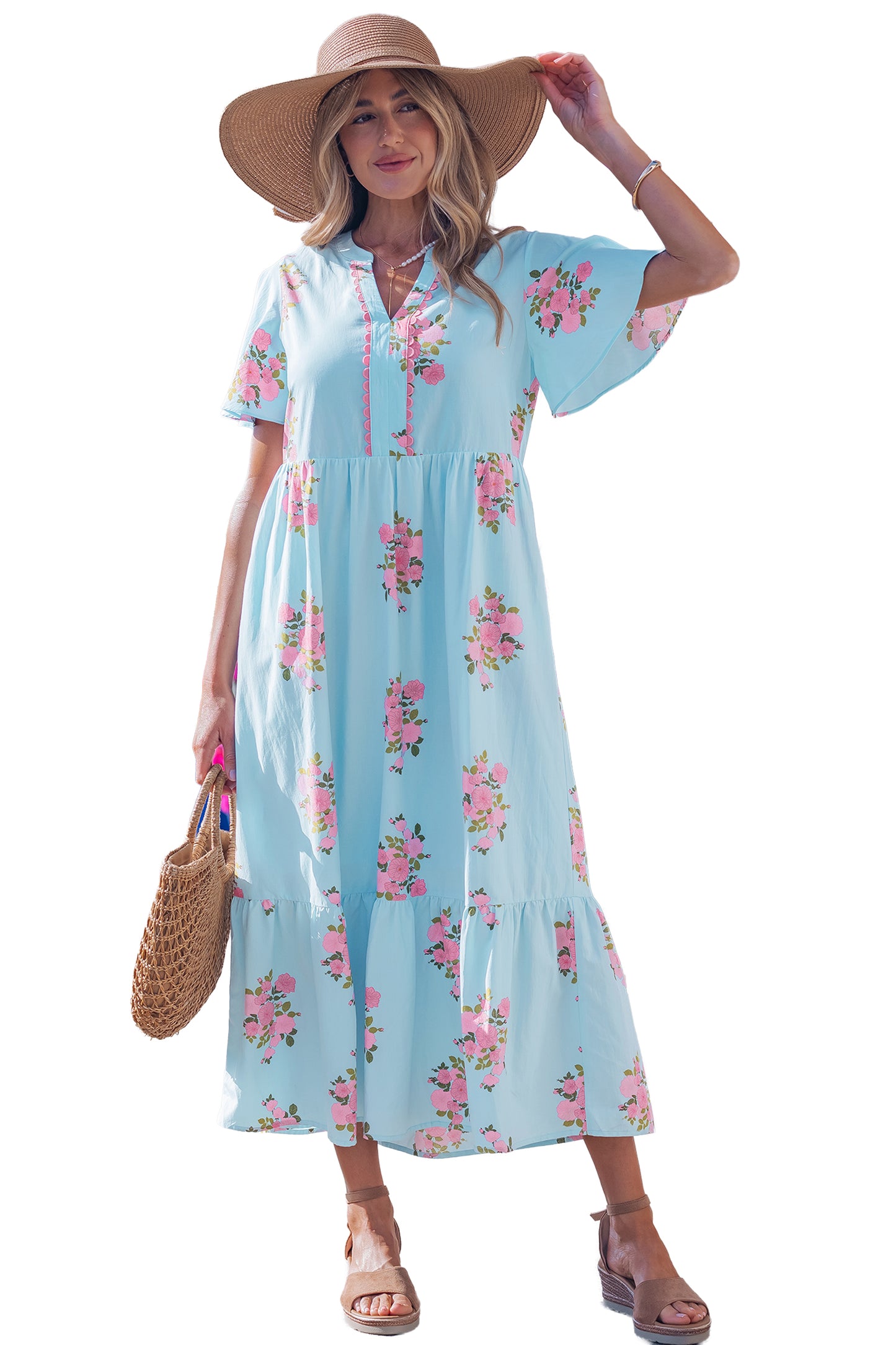 Pink Notched Neck Flutter Short Sleeve Floral Print Maxi Dress