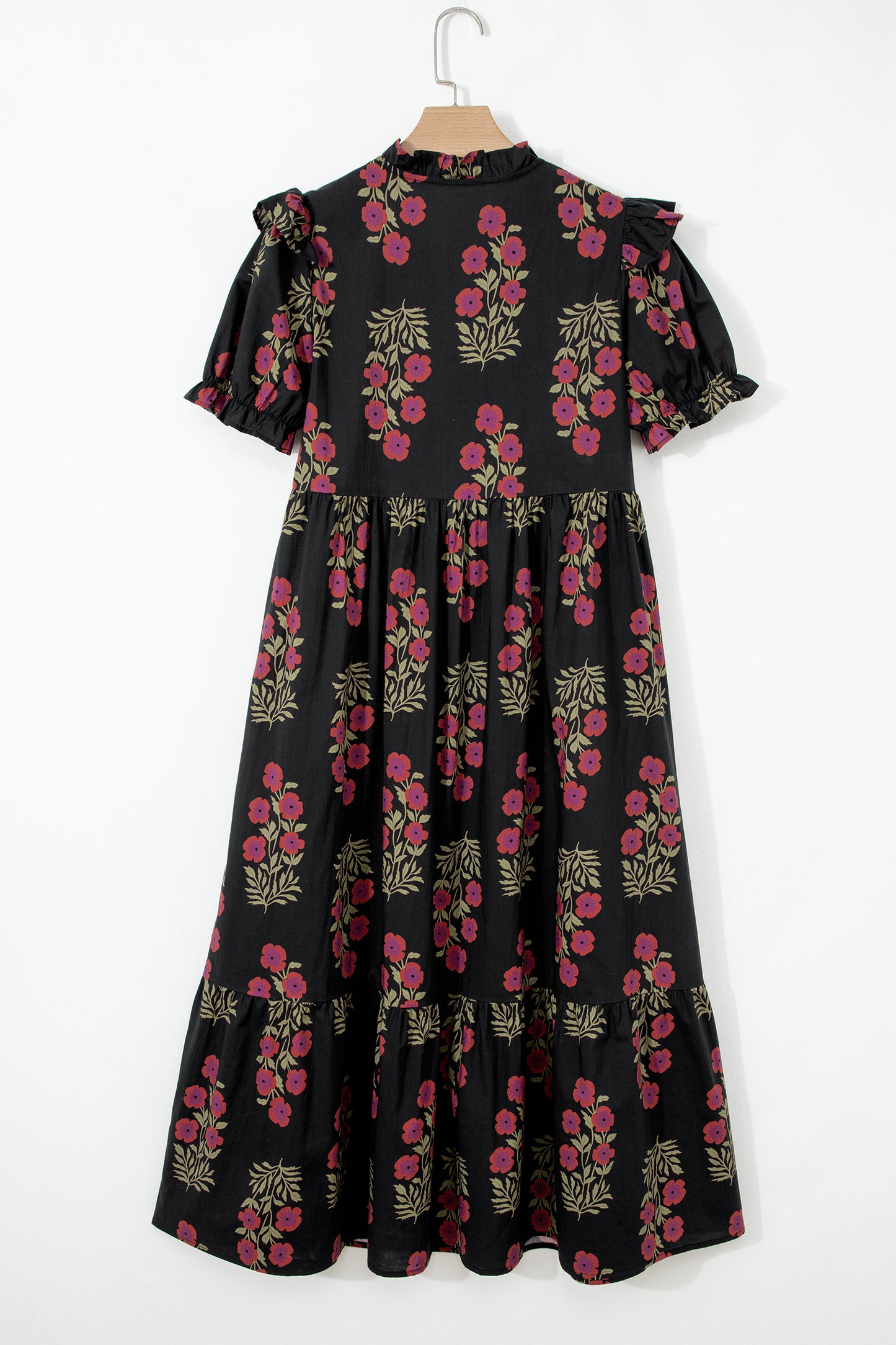 Black Floral Short Bubble Sleeve Tiered Maxi Dress