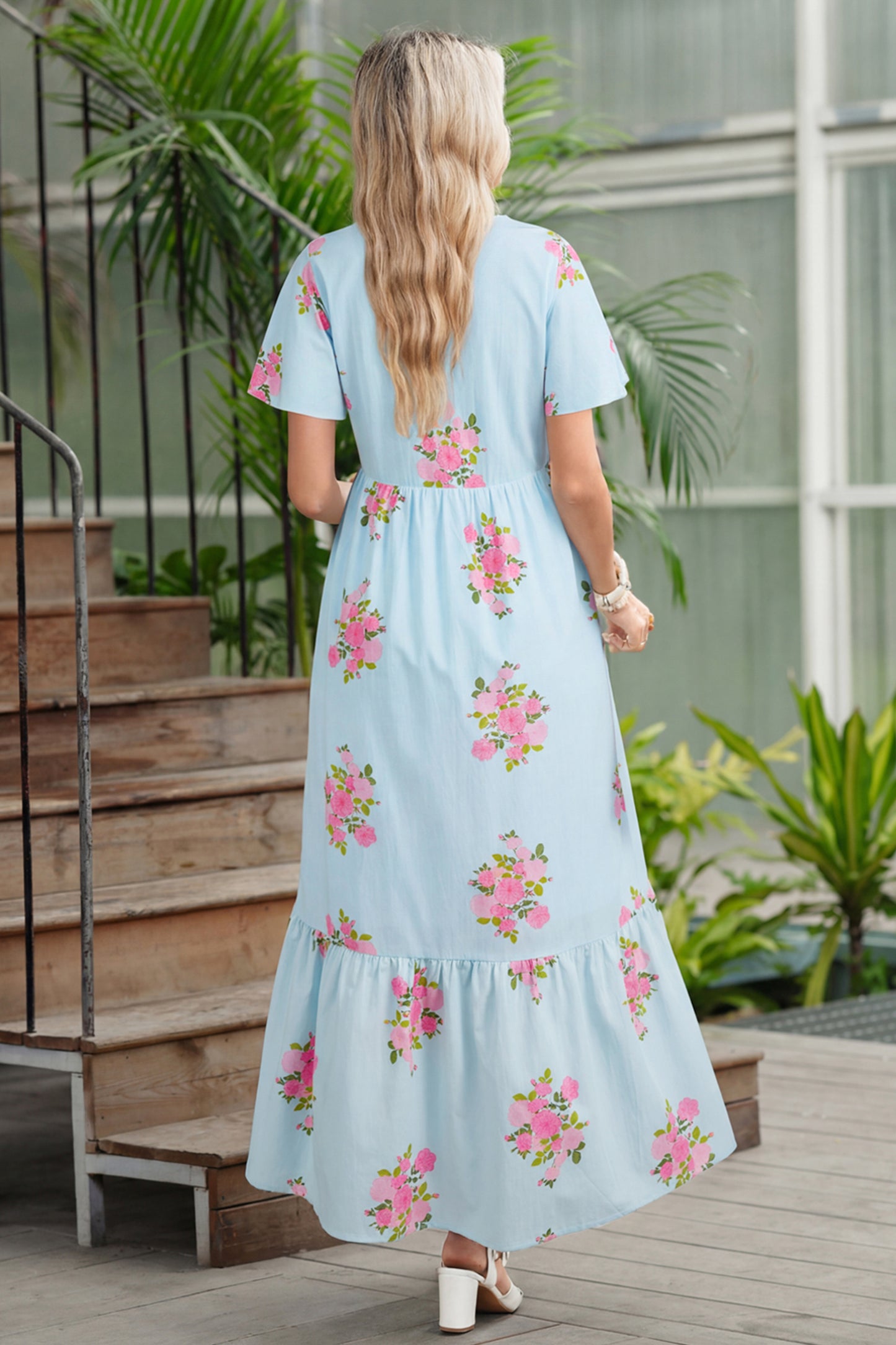 Pink Notched Neck Flutter Short Sleeve Floral Print Maxi Dress