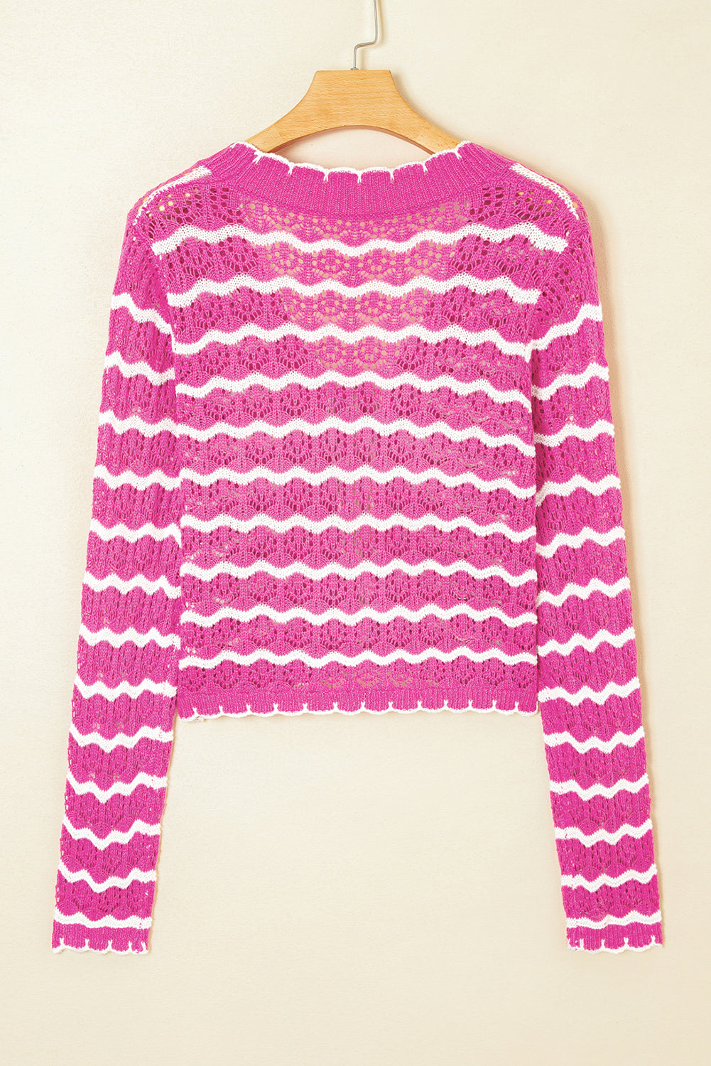 Pink Striped Scalloped Trim Tie Front Cropped Knit Cardigan