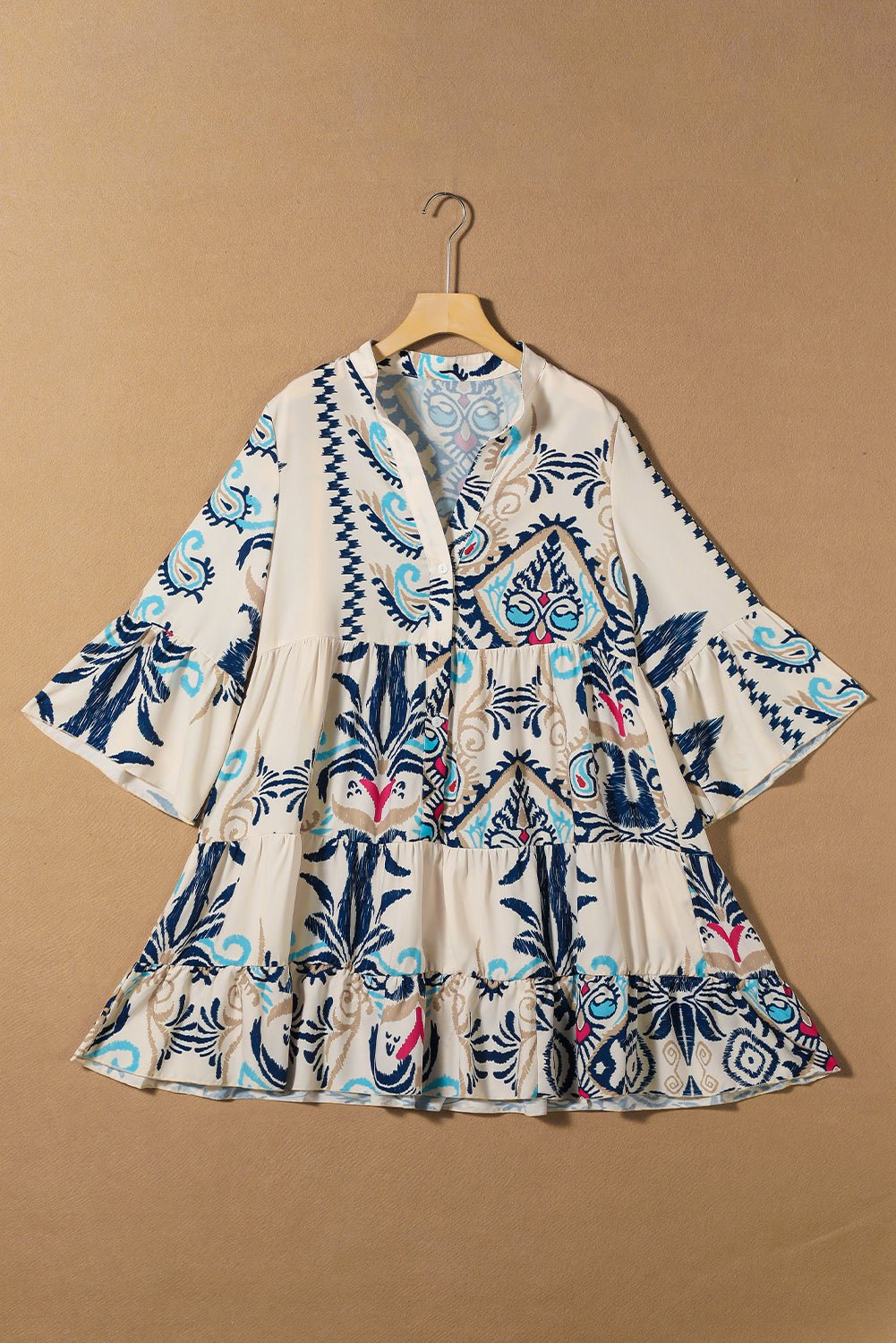 Sky Blue Ethnic Print Boho Tiered Mini Dress