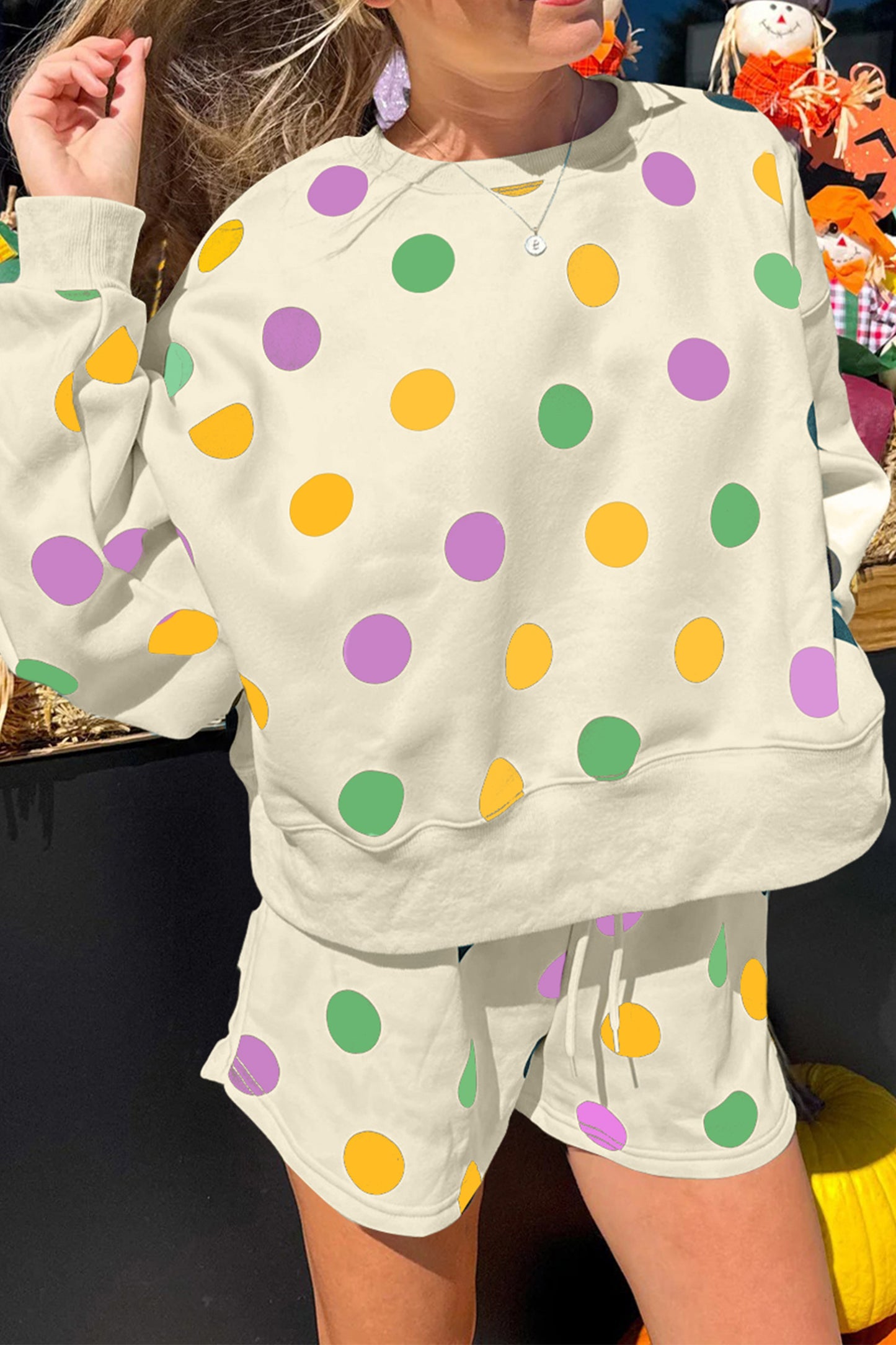 Multicolour Polka Dot Print Drop Shoulder Pullover Drawstring Shorts Set