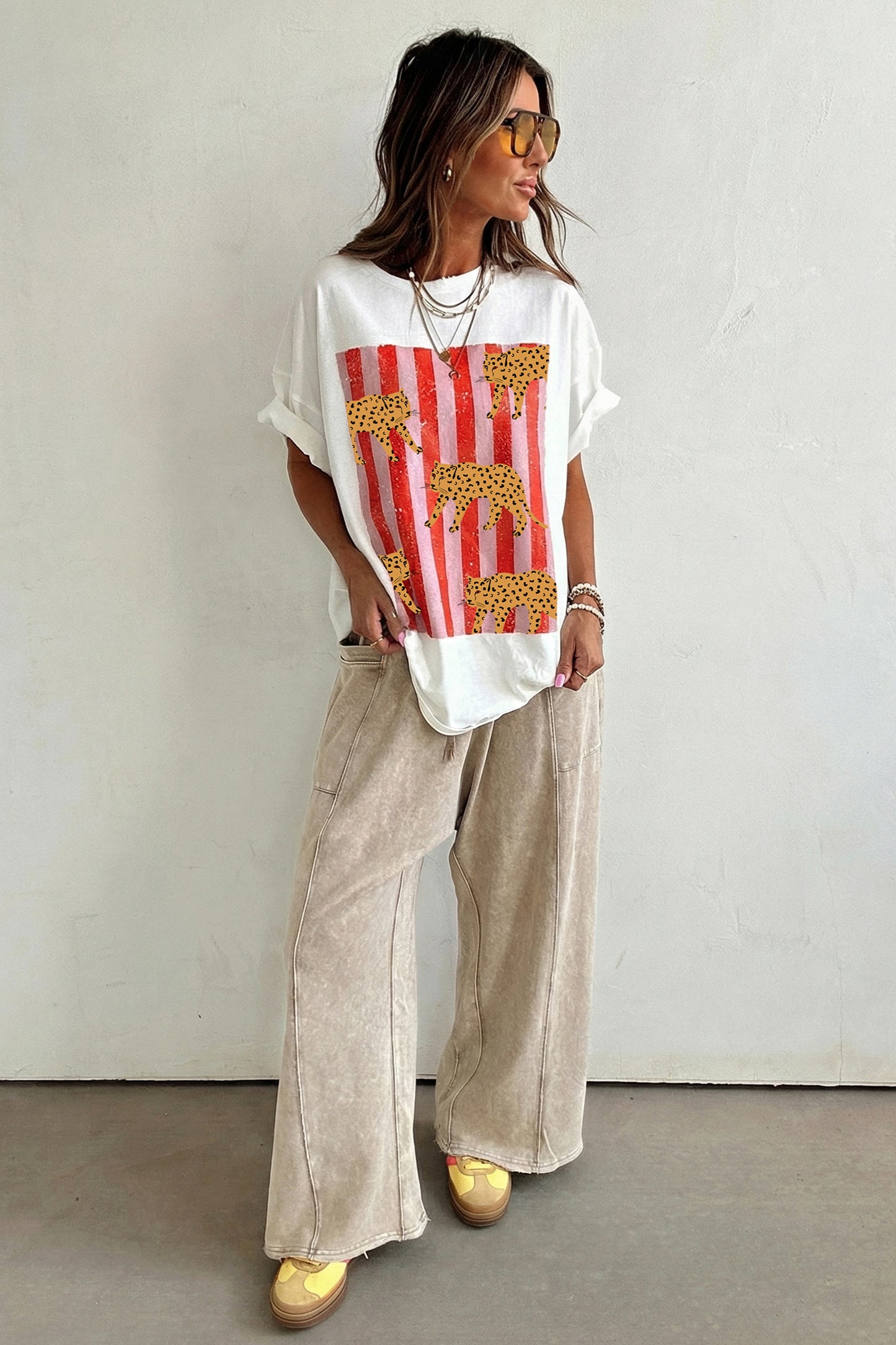 White Cheetah Striped Print Retro Fashion Graphic Tee