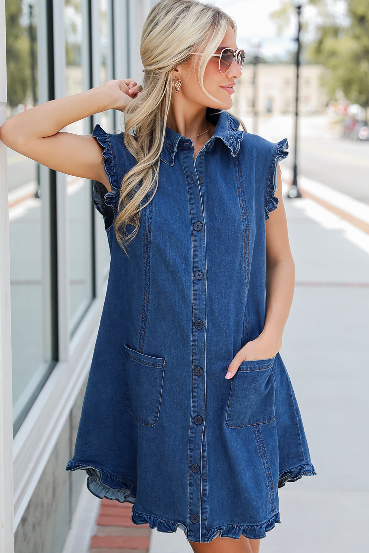 Beau Blue Ruffled Edge Collared Shift Denim Dress with Pockets