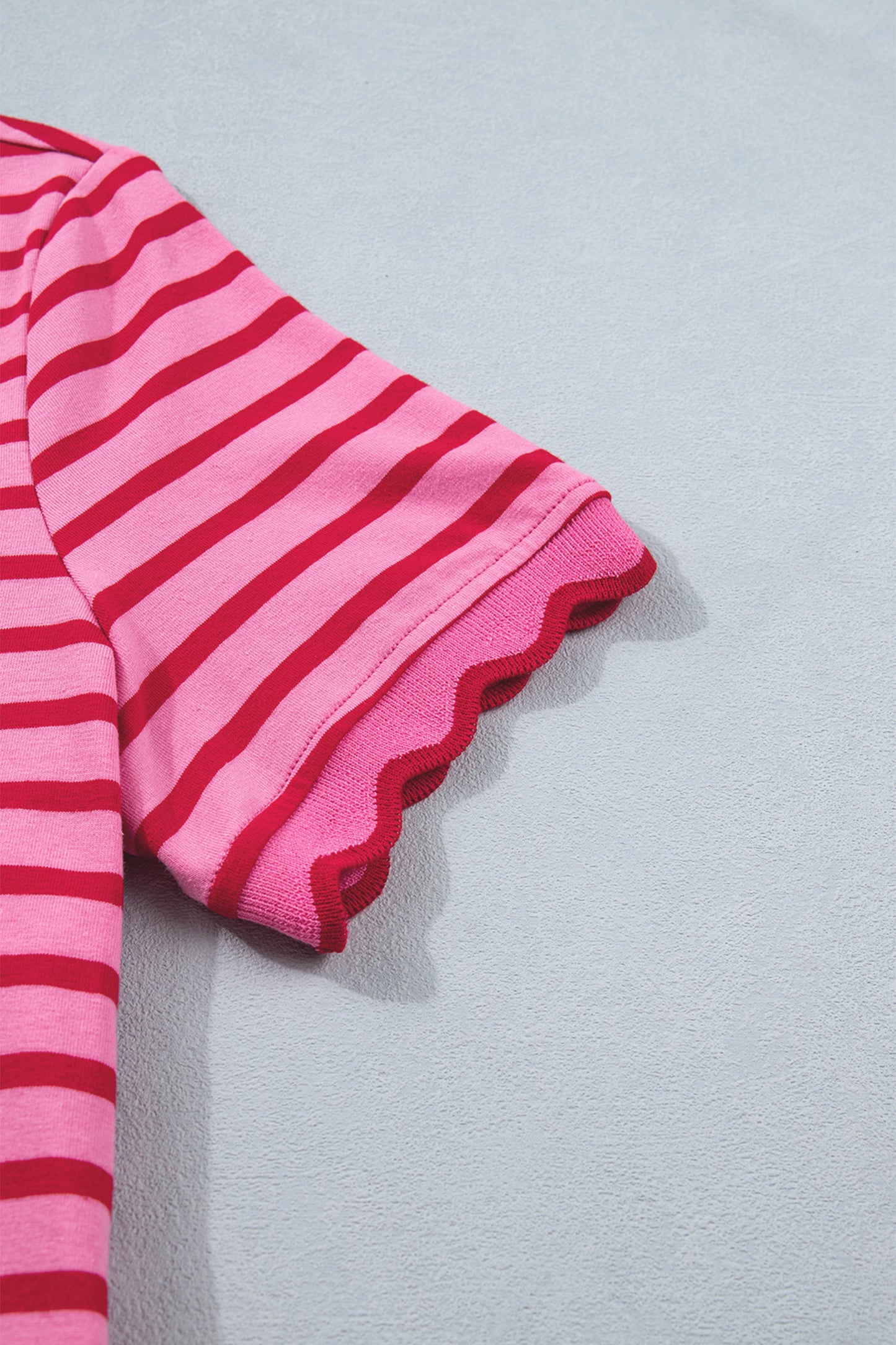Rose Stripe Striped Short Sleeve Scalloped Trim Side Slit T-Shirt Dress