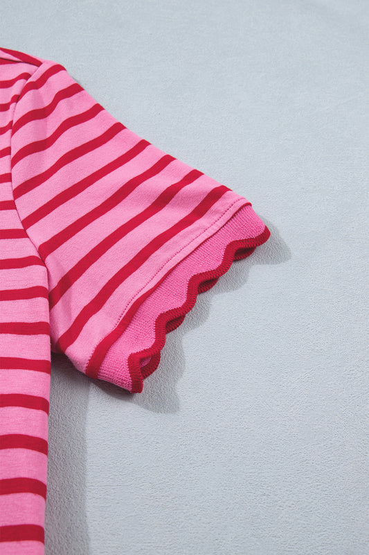 Rose Stripe Striped Short Sleeve Scalloped Trim Side Slit T-Shirt Dress
