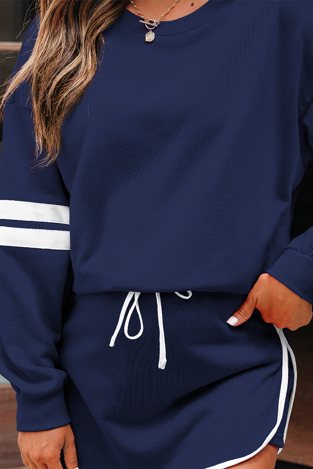 Navy Blue Varsity Stripe Detail Drop Shoulder Pullover Mini Skort Set