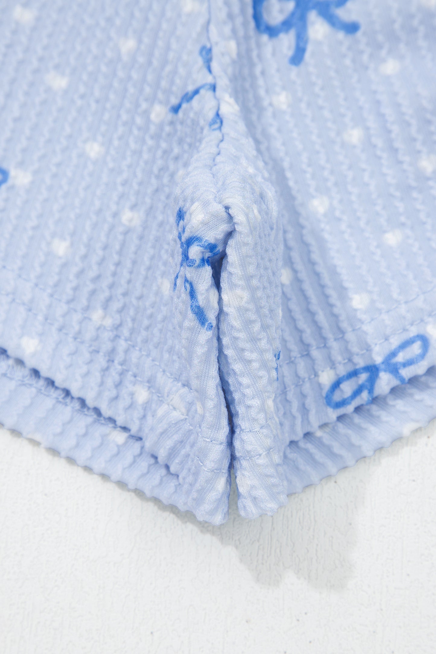 Sky Blue Valentines Bow Print Twisted Rib Loose Long Sleeve Top 2pcs Short Set