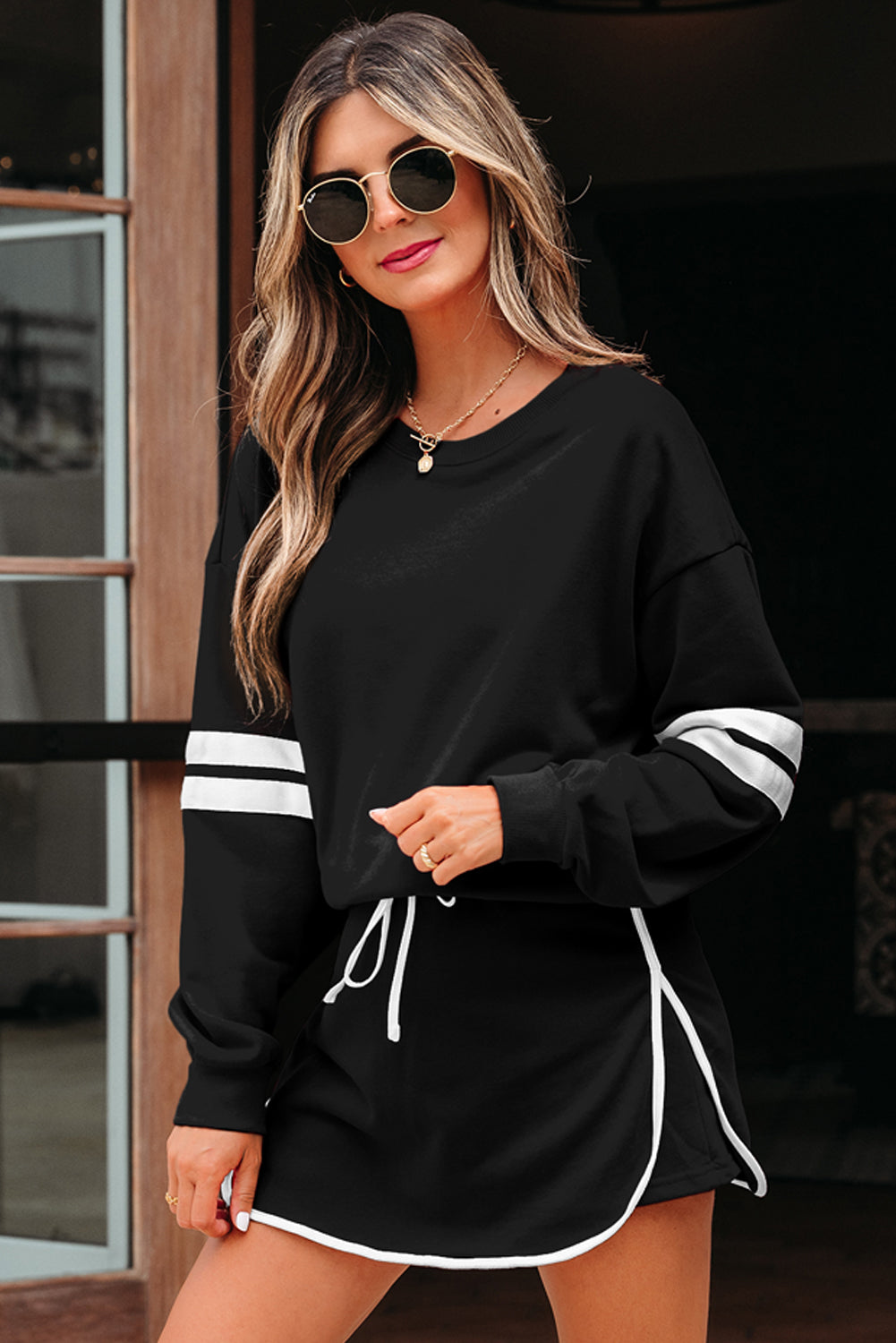 Black Varsity Stripe Detail Drop Shoulder Pullover Mini Skort Set