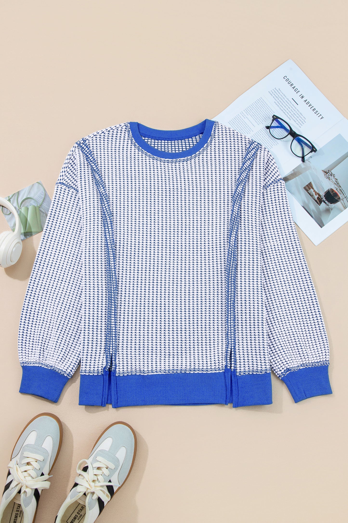 Dark Blue Waffle Knit Exposed Stitching Casual Top with Side Slits