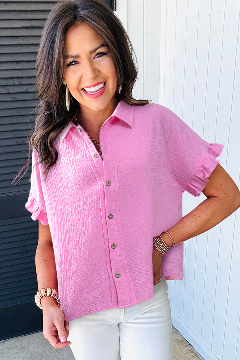 Bonbon Textured Ruffle Trim Short Sleeve Shirt