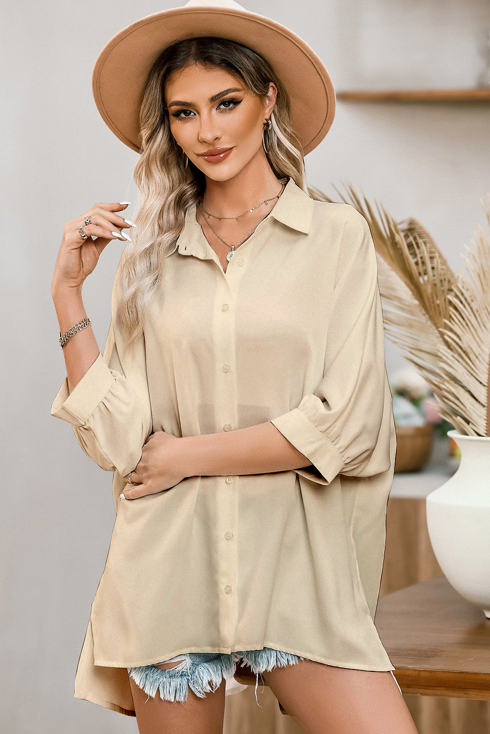 White Plain 3/4 Batwing Sleeve Oversize Button Up Blouse