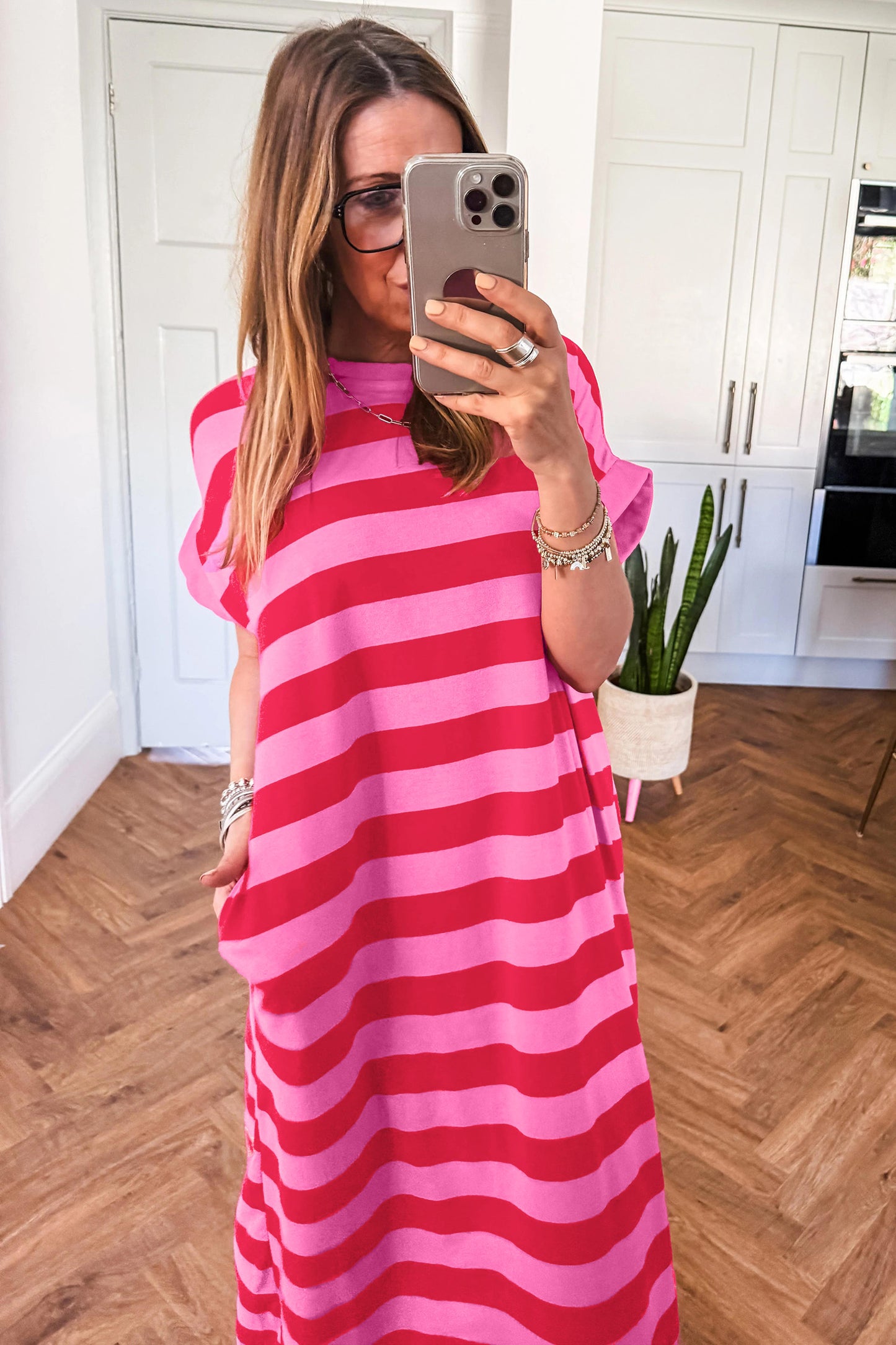 Orange Stripe Cuffed Short Sleeve Pocketed Casual T Shirt Long Dress