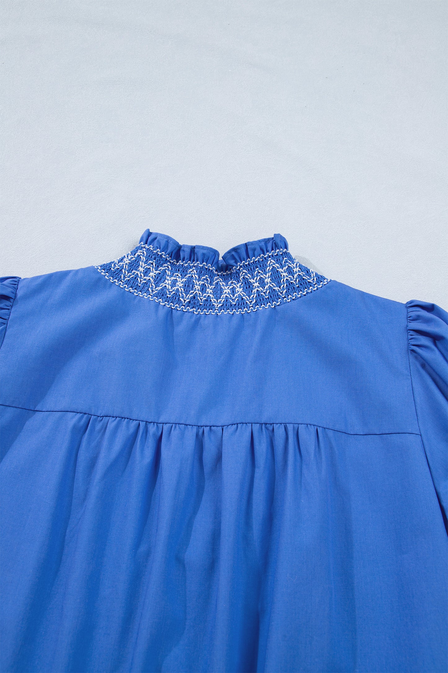 Sky Blue Embroidered Smocked Detail V Neck Short Puff Sleeve Mini Dress