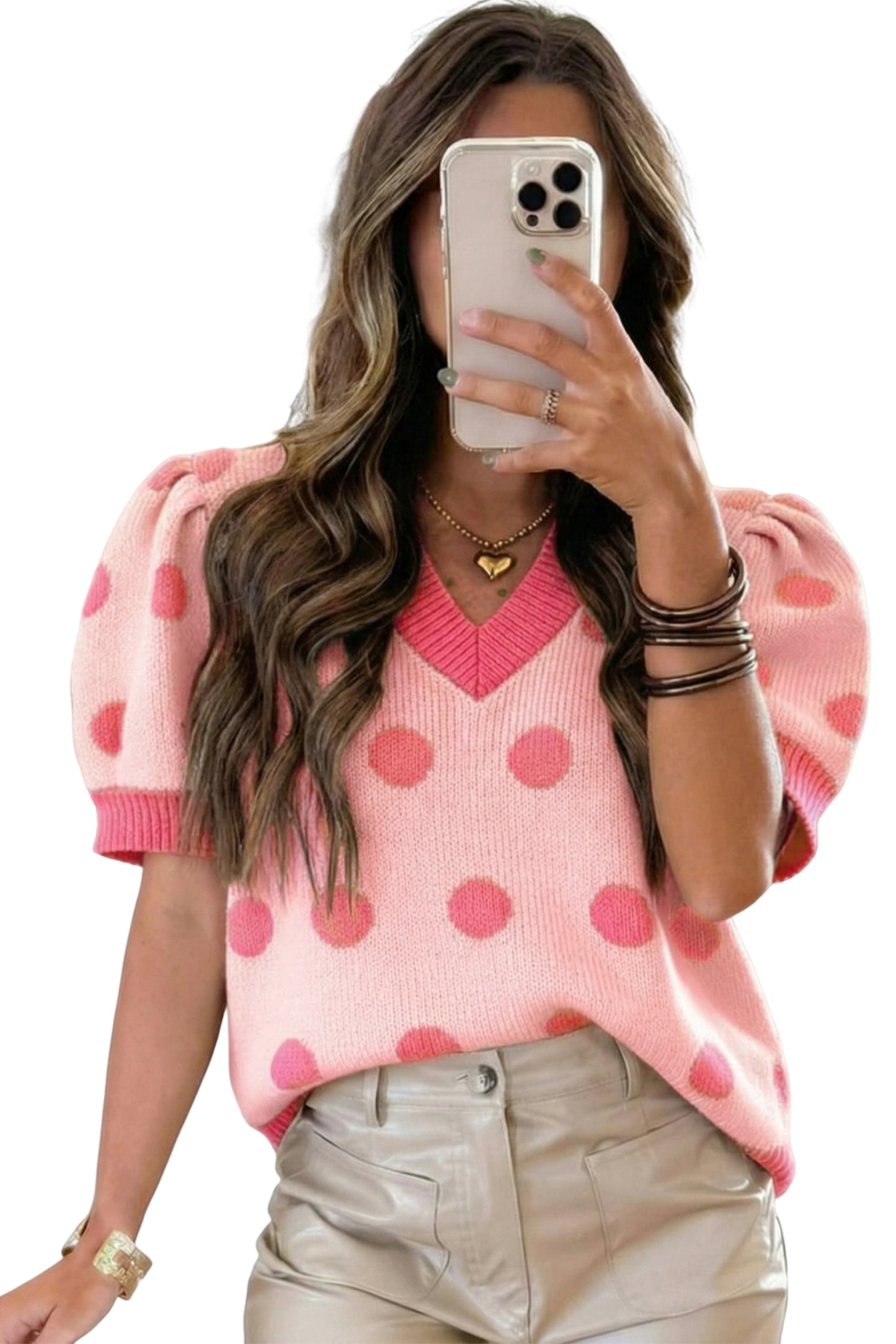 Pink Polka Dot Puff Short Sleeve Sweater Top