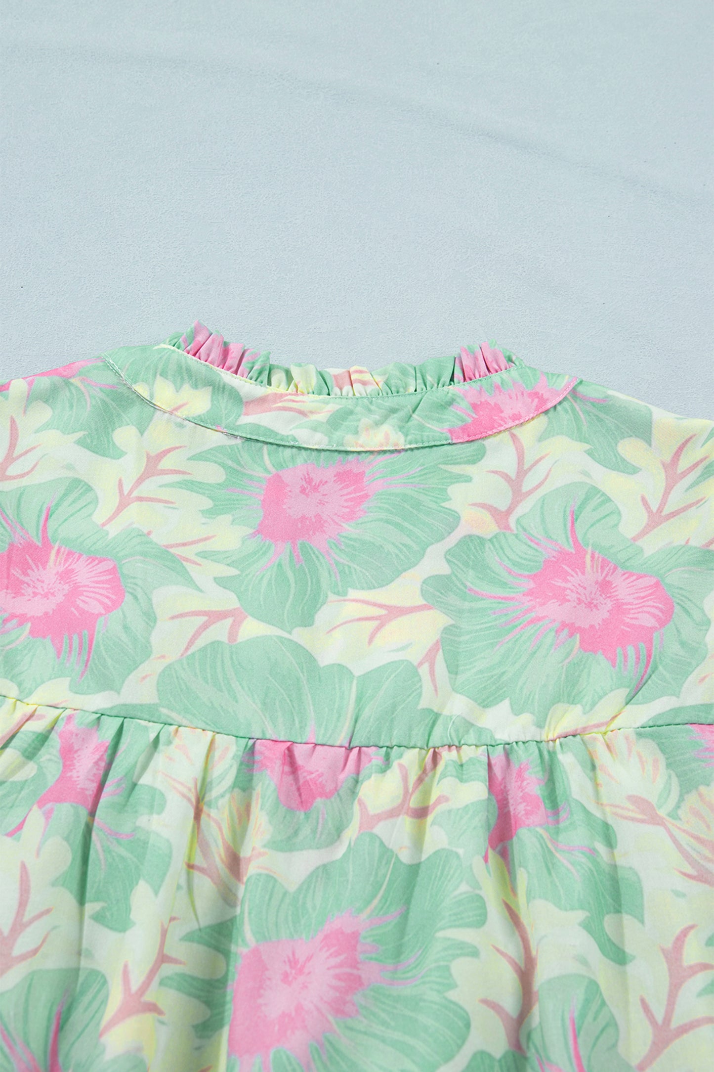 Pink Short Bubble Sleeve Summer Floral Blouse