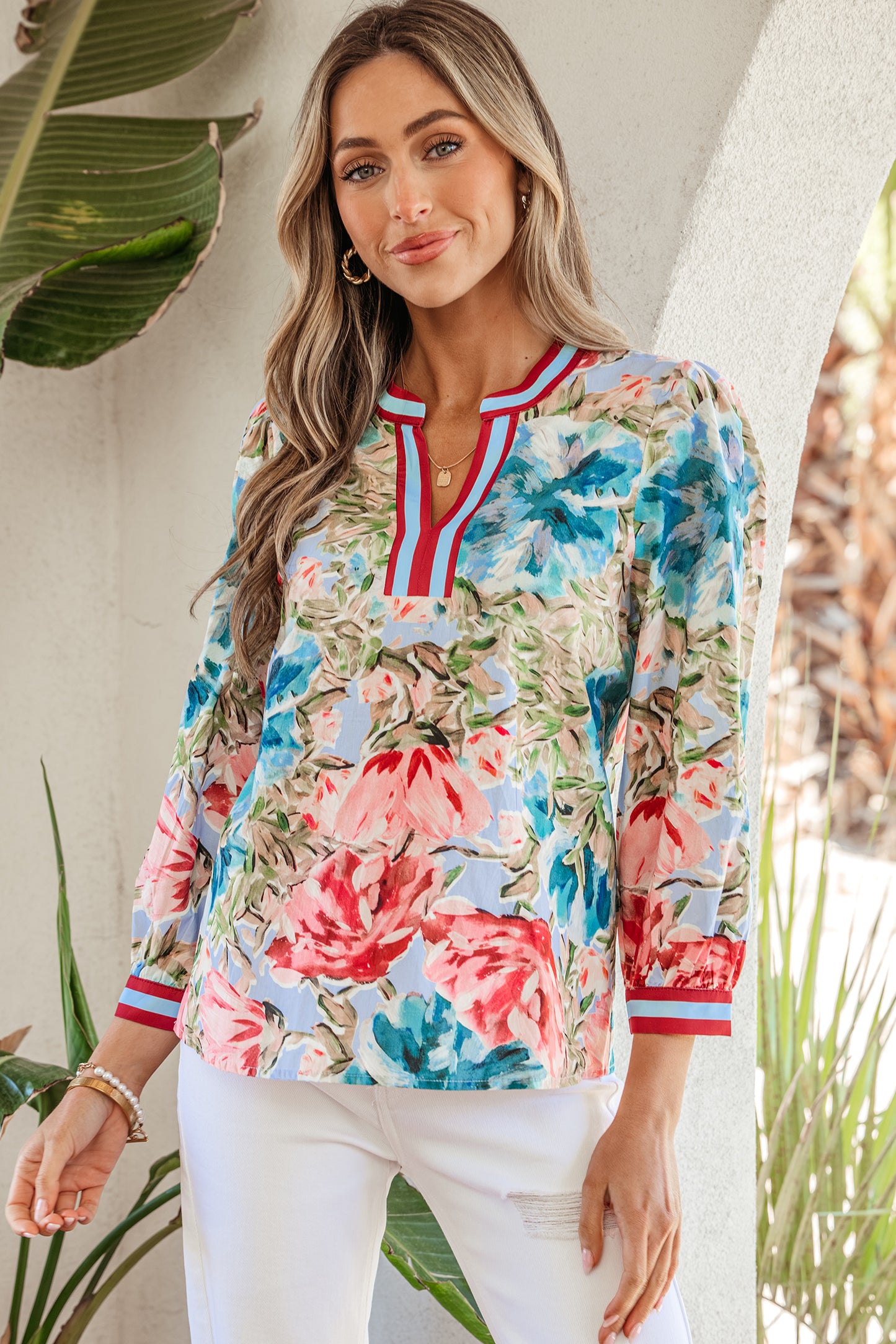 Sky Blue Contrast Trim V Neck Cuffed Bracelet Sleeve Floral Blouse