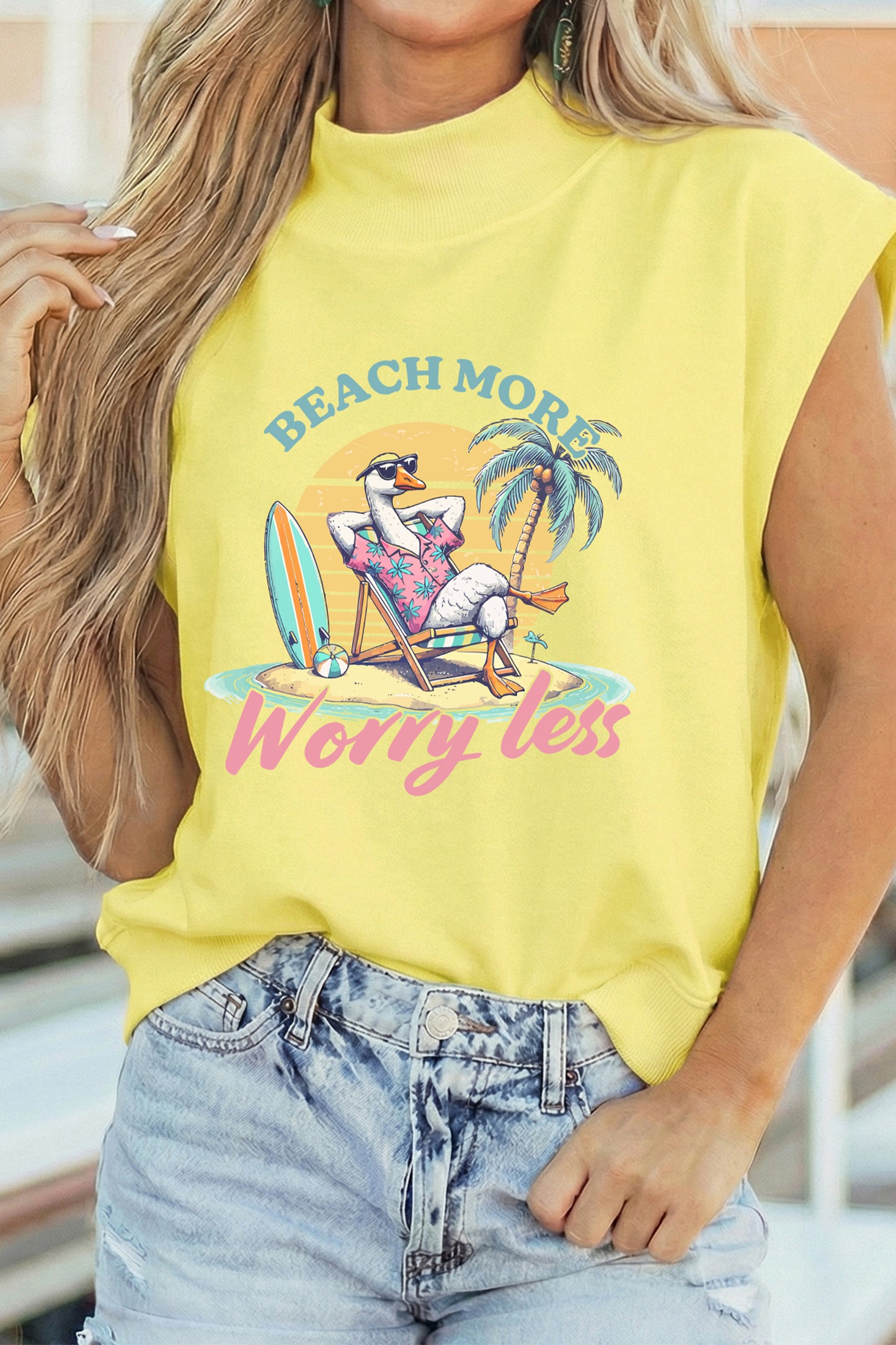 Yellow Beach More Worry Less Graphic Mock Neck Tee